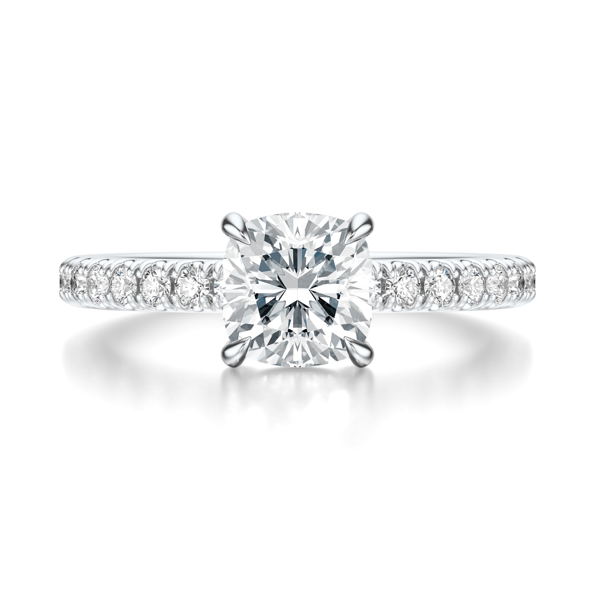 Signature Solitaire Cushion Engagement Ring - White Gold Pavé Band - Front View