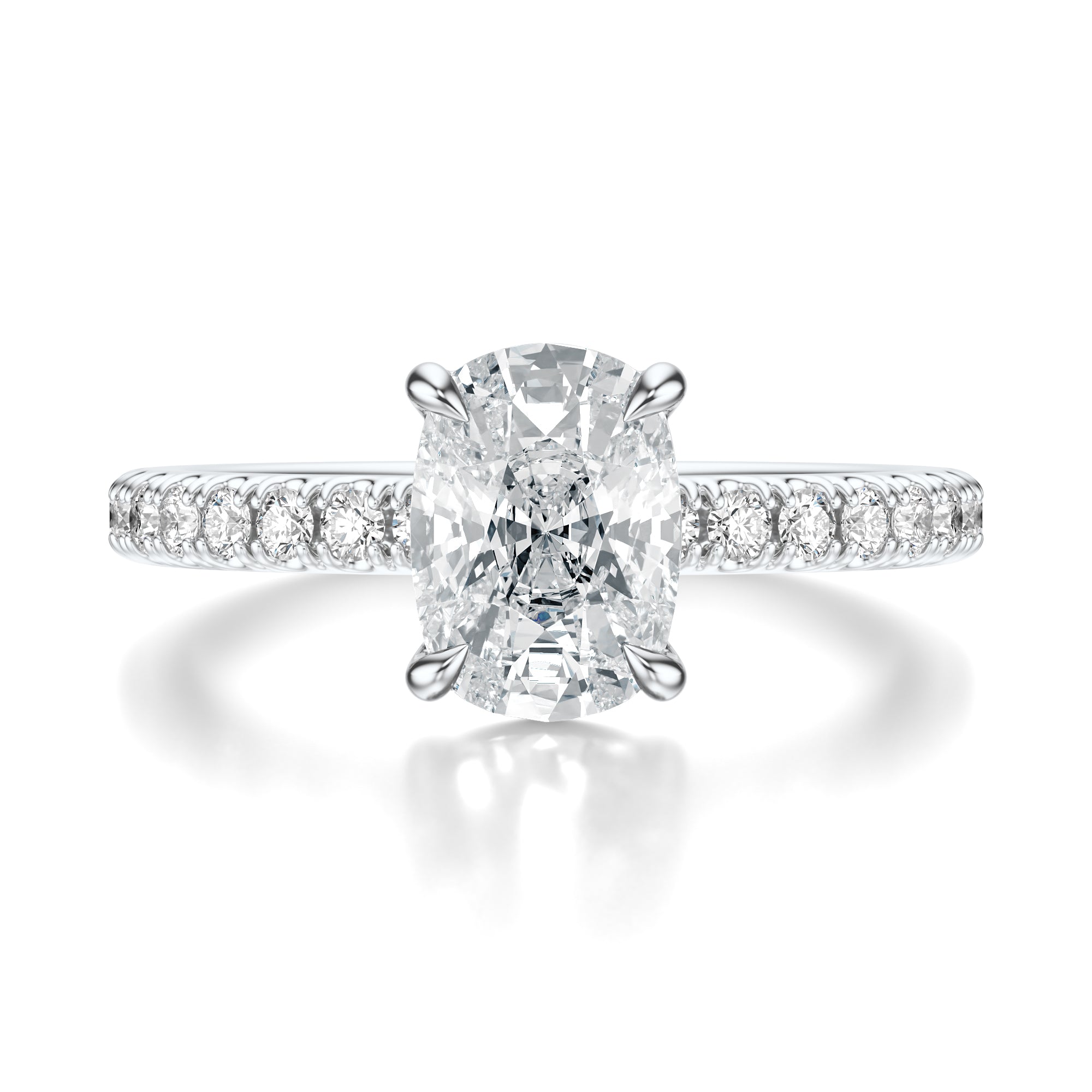 Signature Solitaire Elongated Cushion Engagement Ring - White Gold Pavé Band - Front View