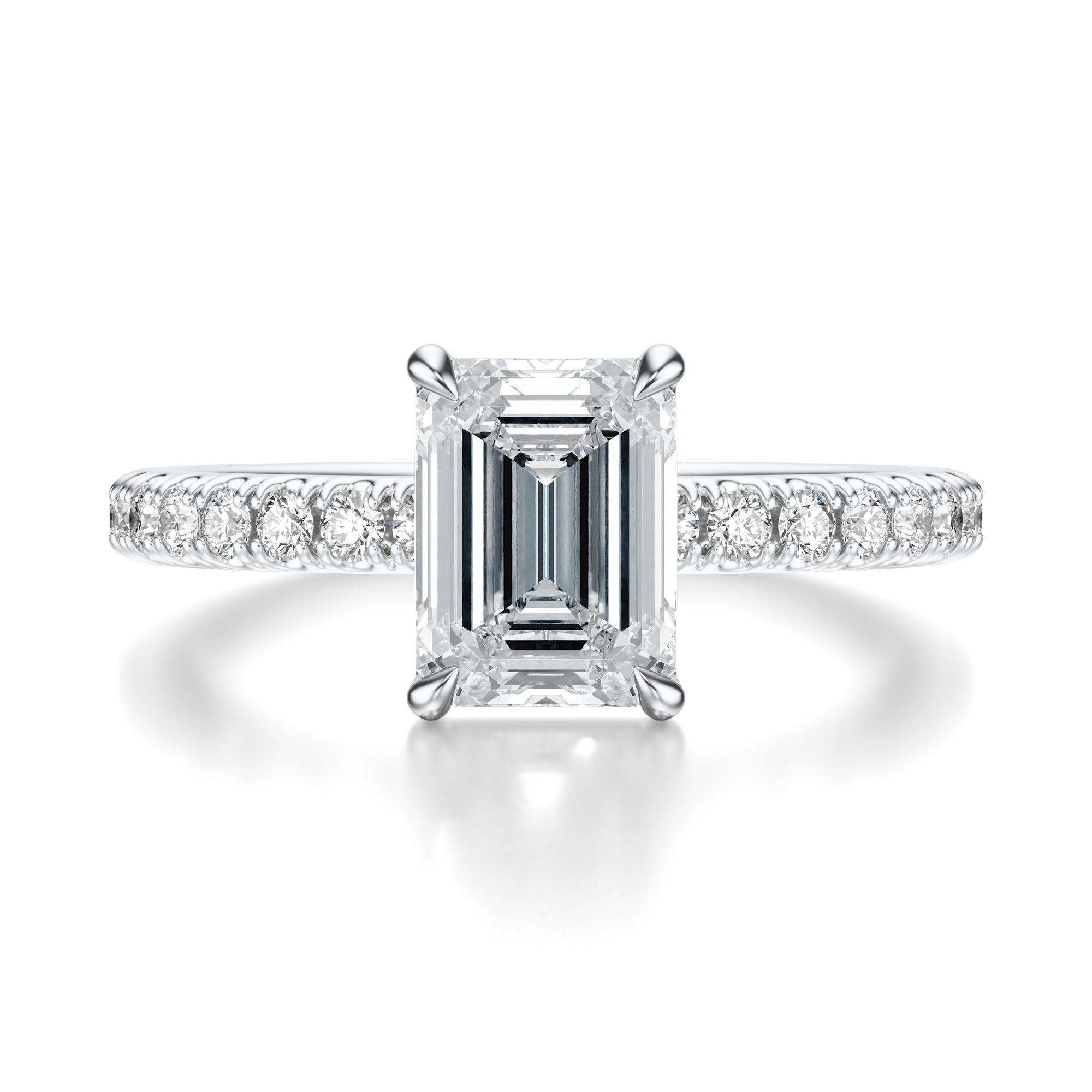 Signature Solitaire Emerald Engagement Ring - White Gold Pavé Band - Front View