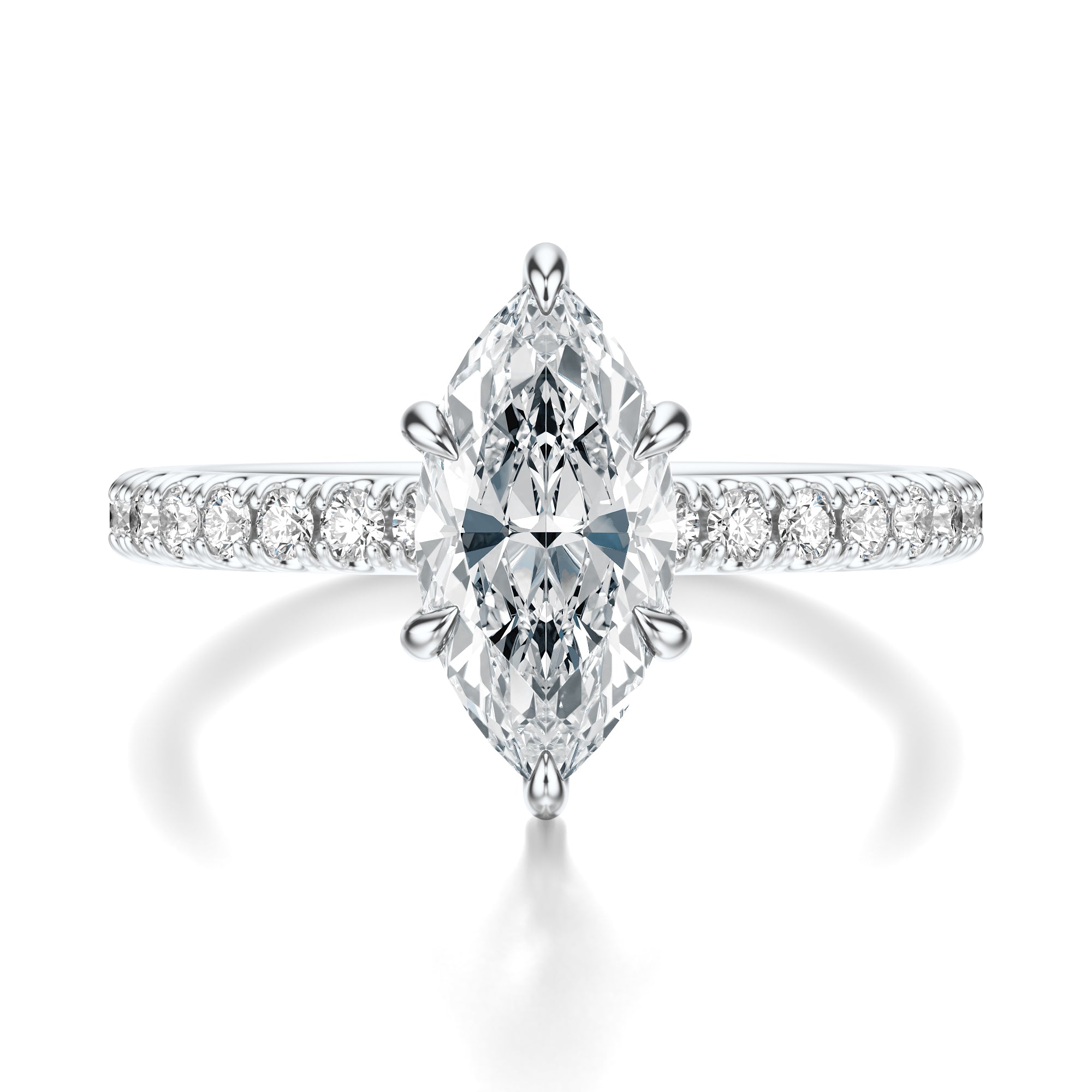 Signature Solitaire Marquise Engagement Ring - White Gold Pavé Band - Front View