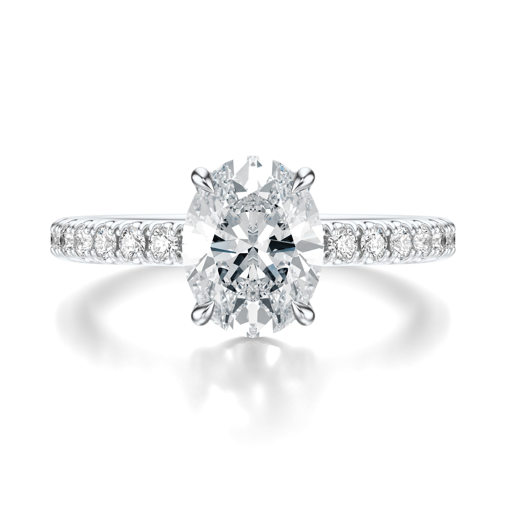 Signature Solitaire Oval Engagement Ring - White Gold Pavé Band - Front View