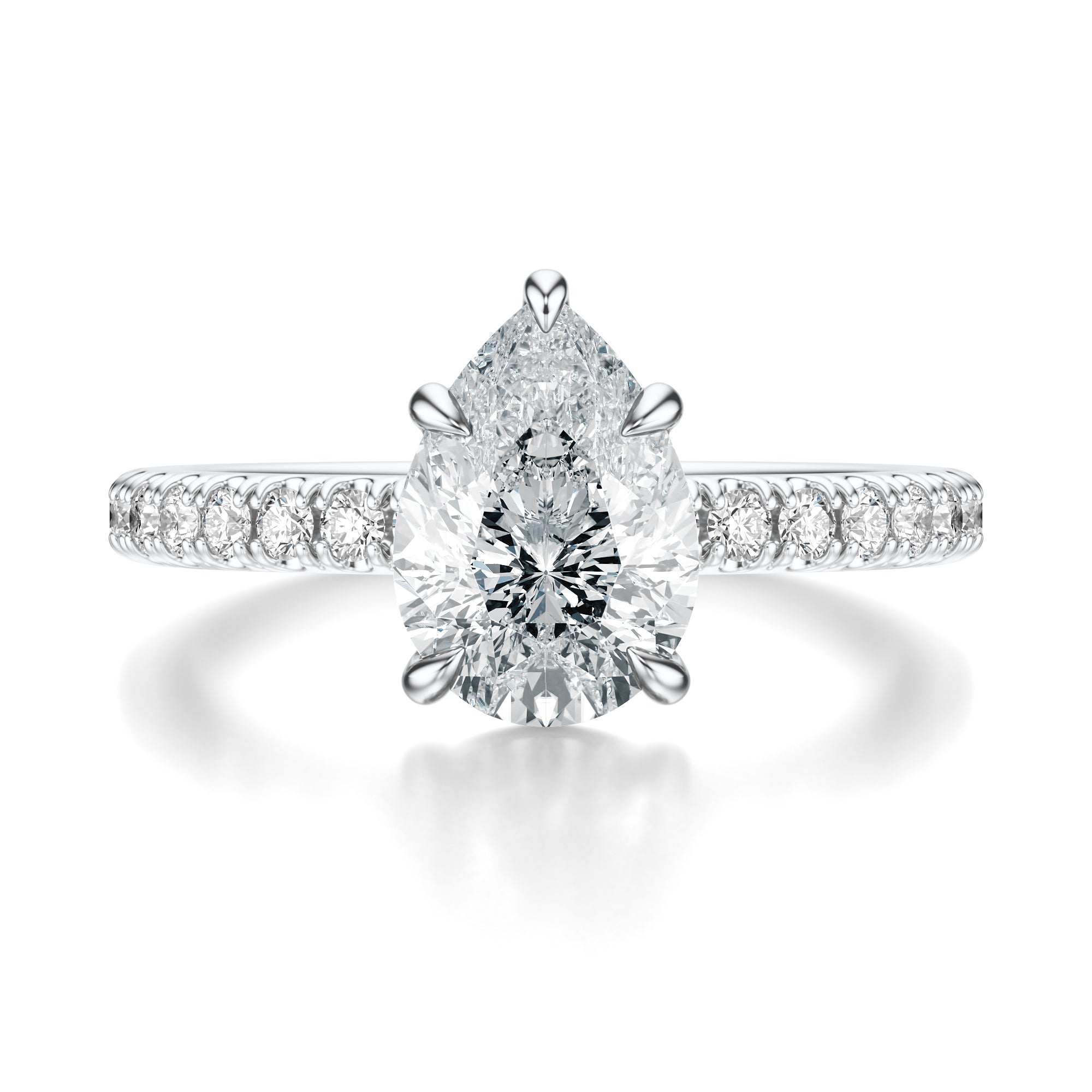 Signature Solitaire Pear Engagement Ring - White Gold Pavé Band - Front View