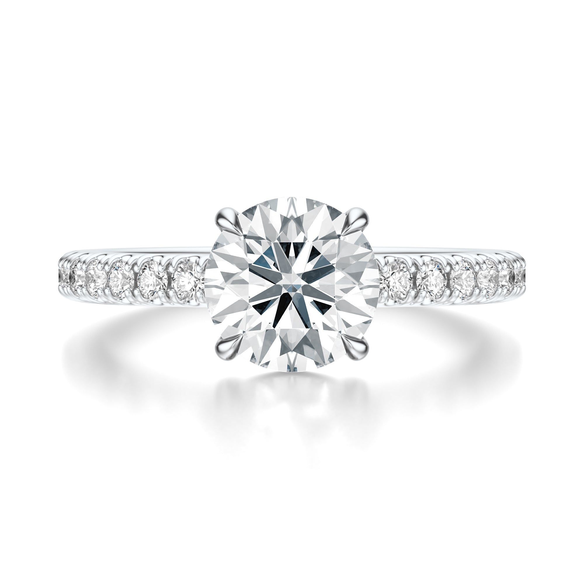 Signature Solitaire Round Engagement Ring - White Gold Pavé Band - Front View