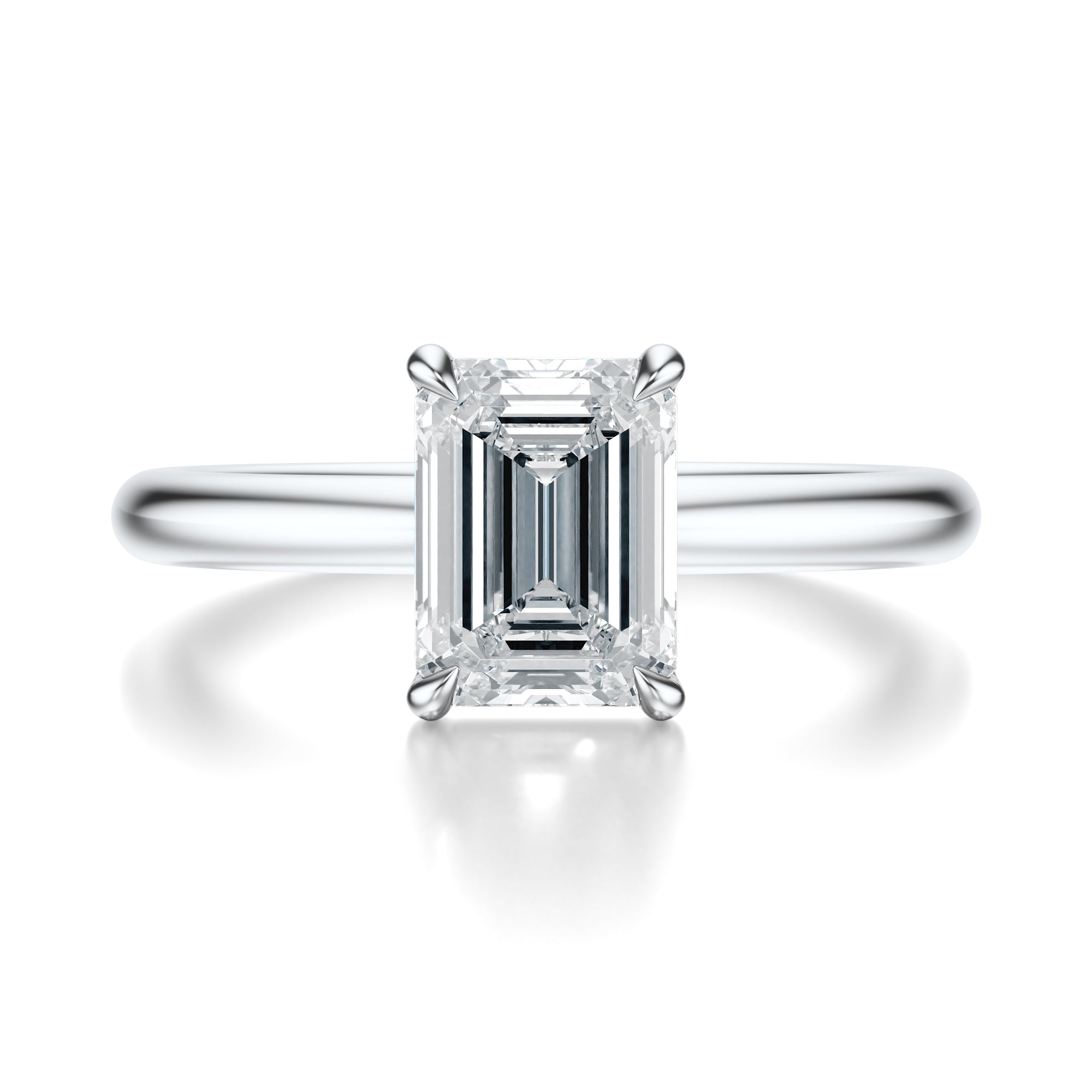 Signature Solitaire Emerald Engagement Ring - White Gold Polished Band - Front View