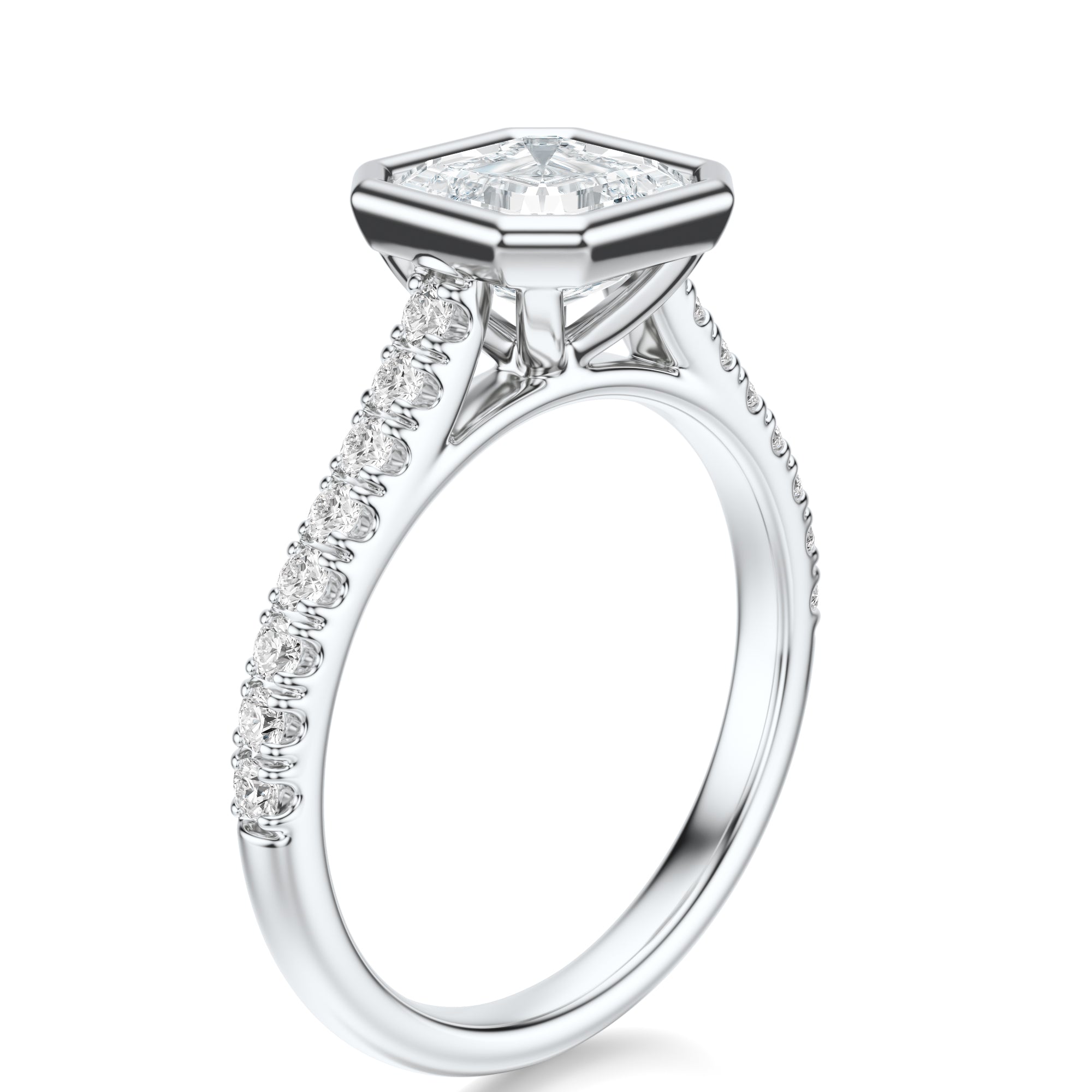 Signature Bezel Asscher Engagement Ring - White Gold Pavé Band - Side View
