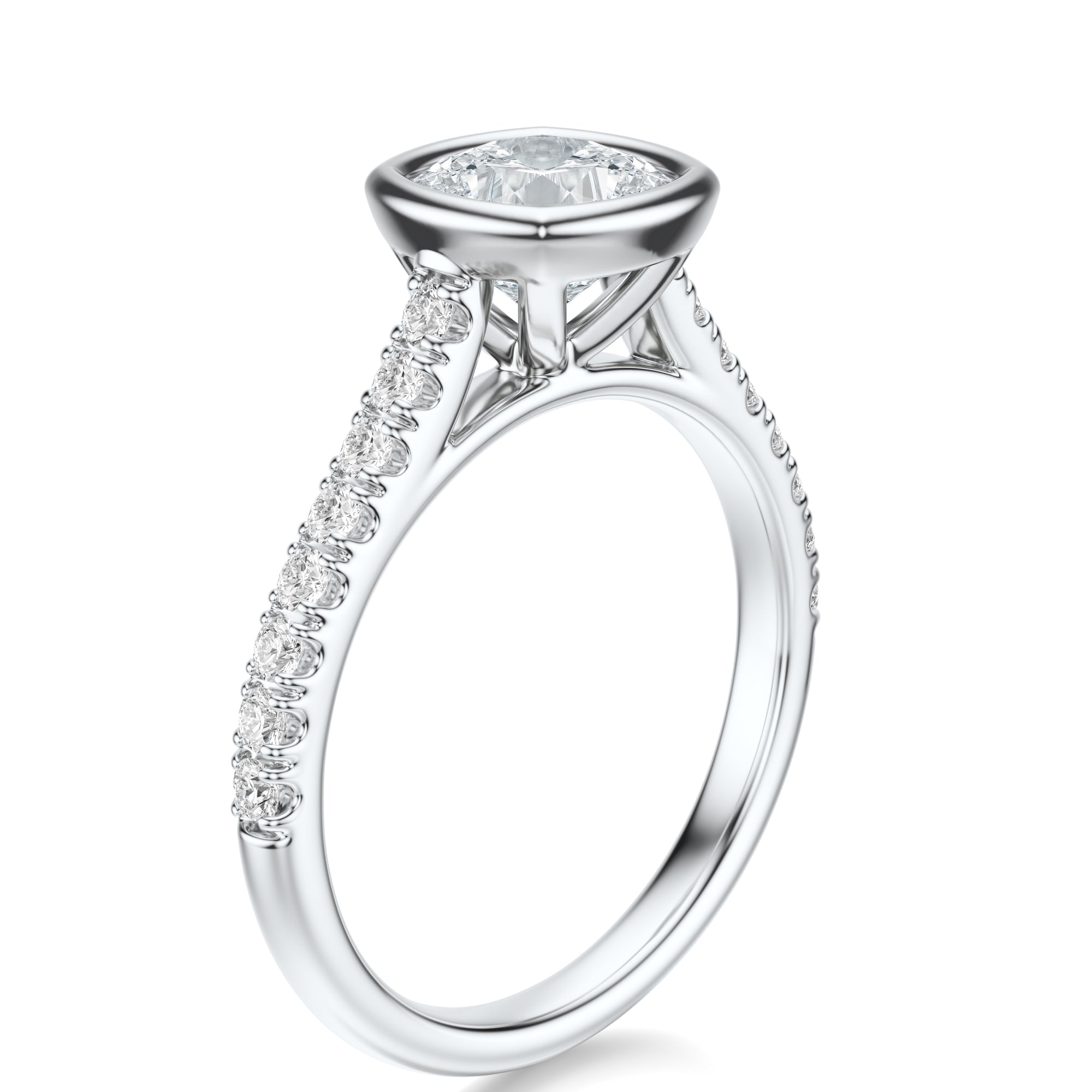 Signature Bezel Cushion Engagement Ring - White Gold Pavé Band - Side View