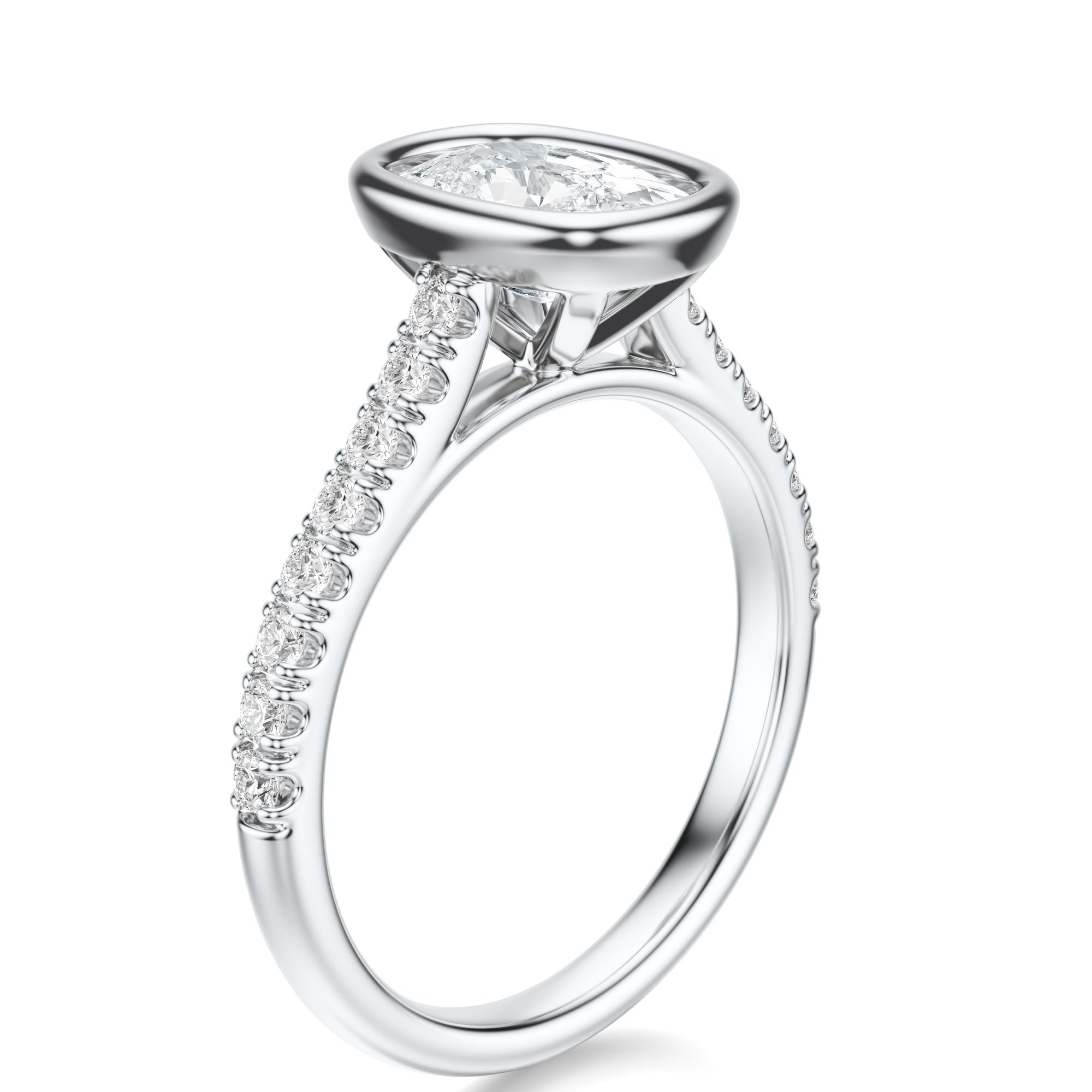 Signature Bezel Elongated Cushion Engagement Ring - White Gold Pavé Band - Side View