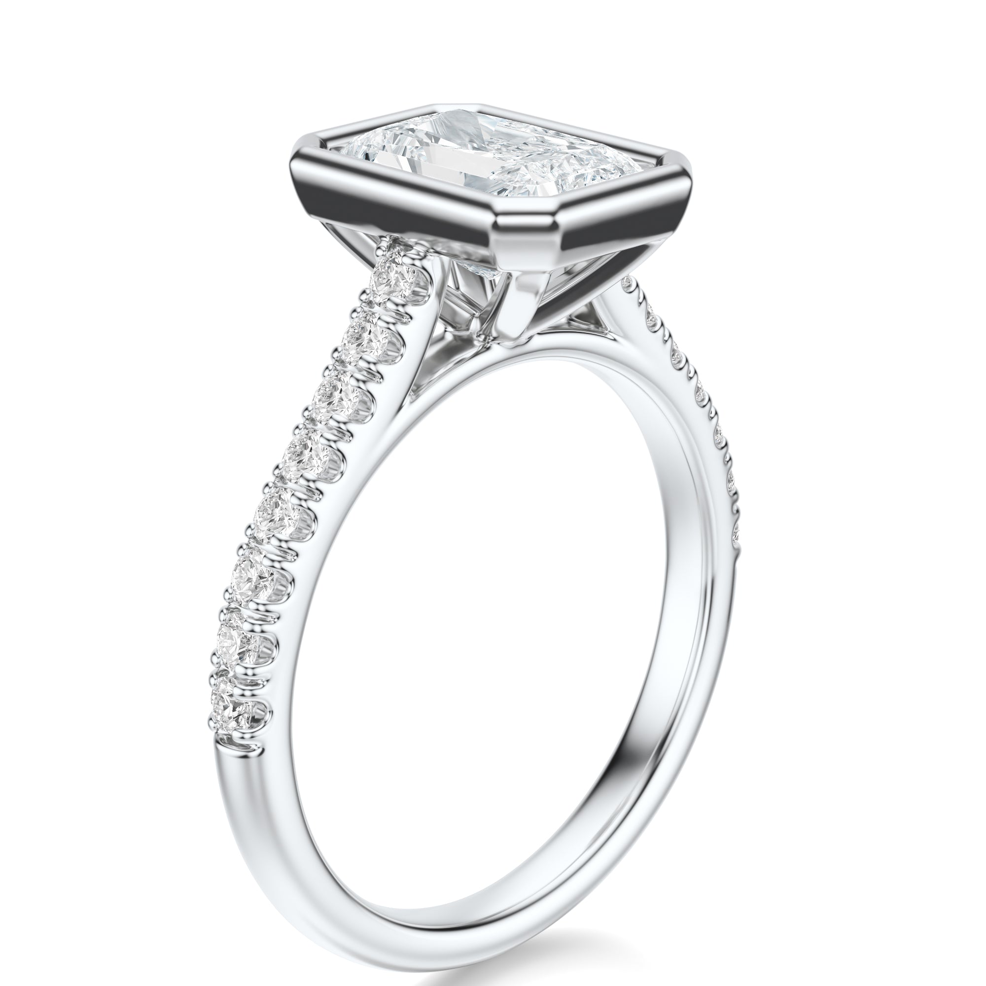 Signature Bezel Emerald Engagement Ring - White Gold Pavé Band - Side View