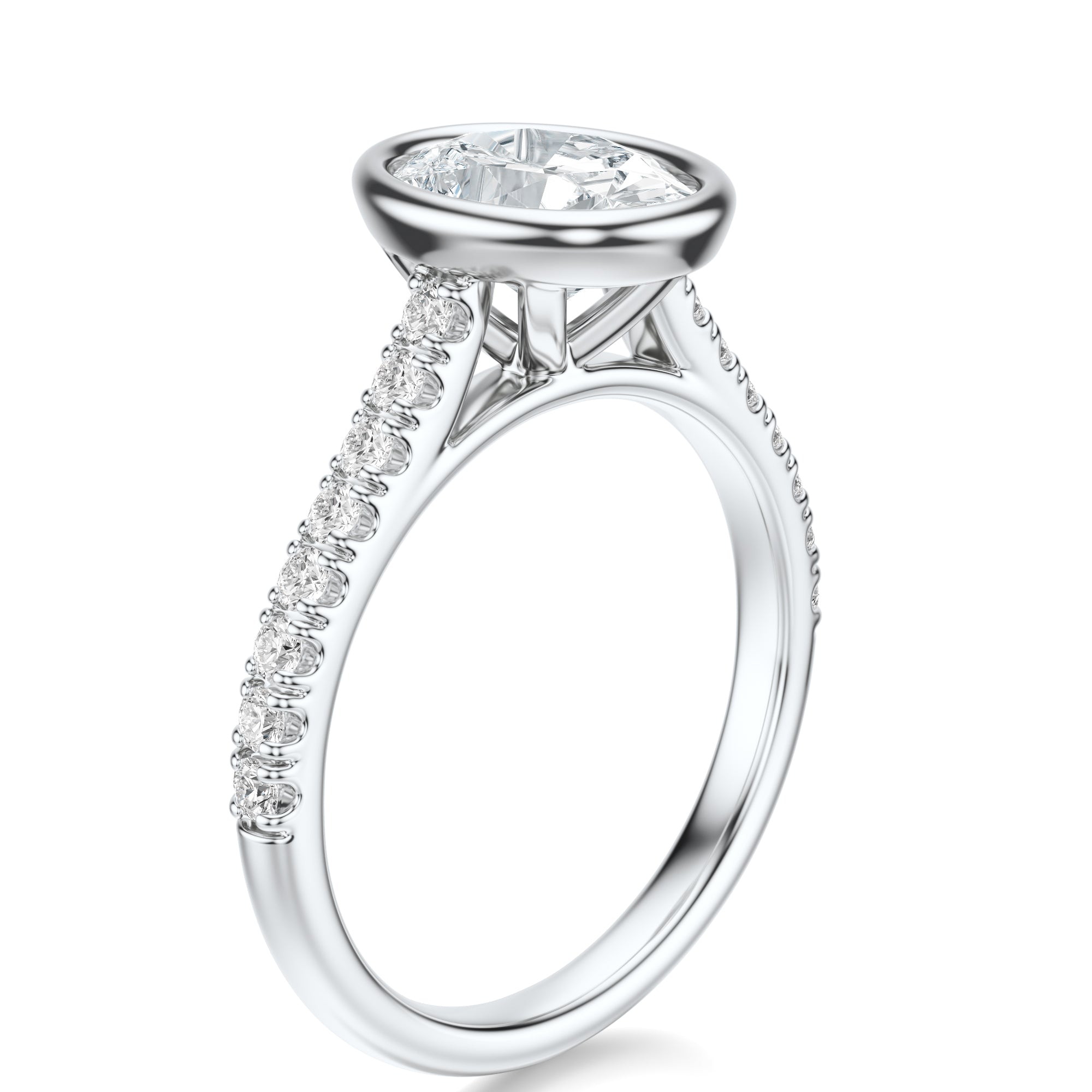 Signature Bezel Oval Engagement Ring - White Gold Pavé Band - Side View
