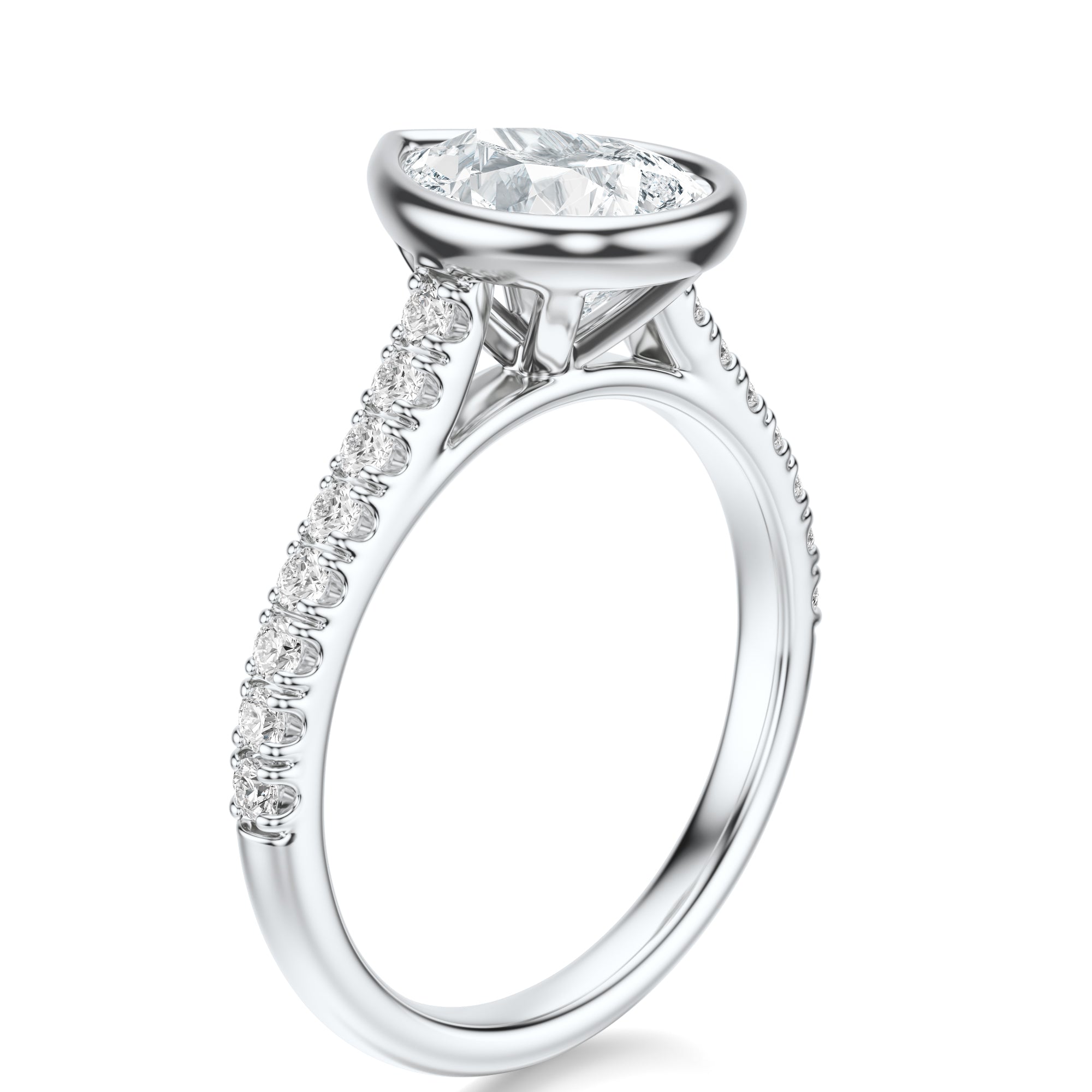 Signature Bezel Pear Engagement Ring - White Gold Pavé Band - Side View