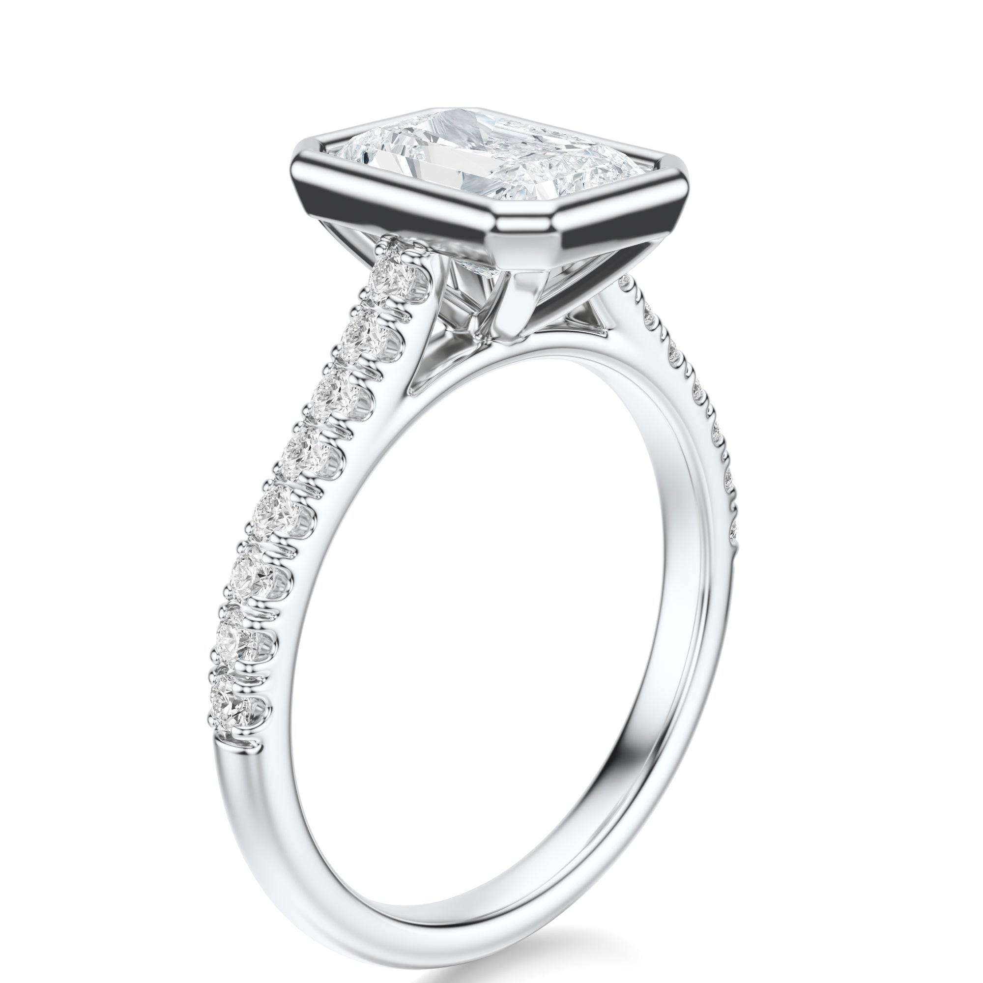 Signature Bezel Radiant Engagement Ring - White Gold Pavé Band - Side View