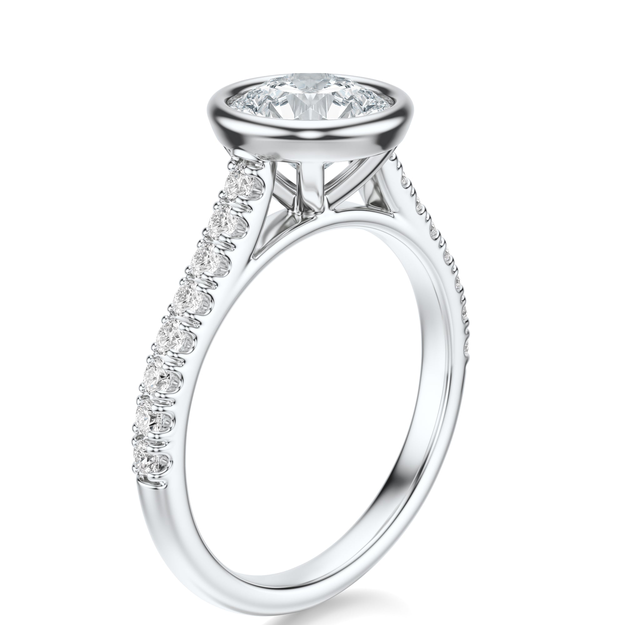 Signature Bezel Round Engagement Ring - White Gold Pavé Band - Side View