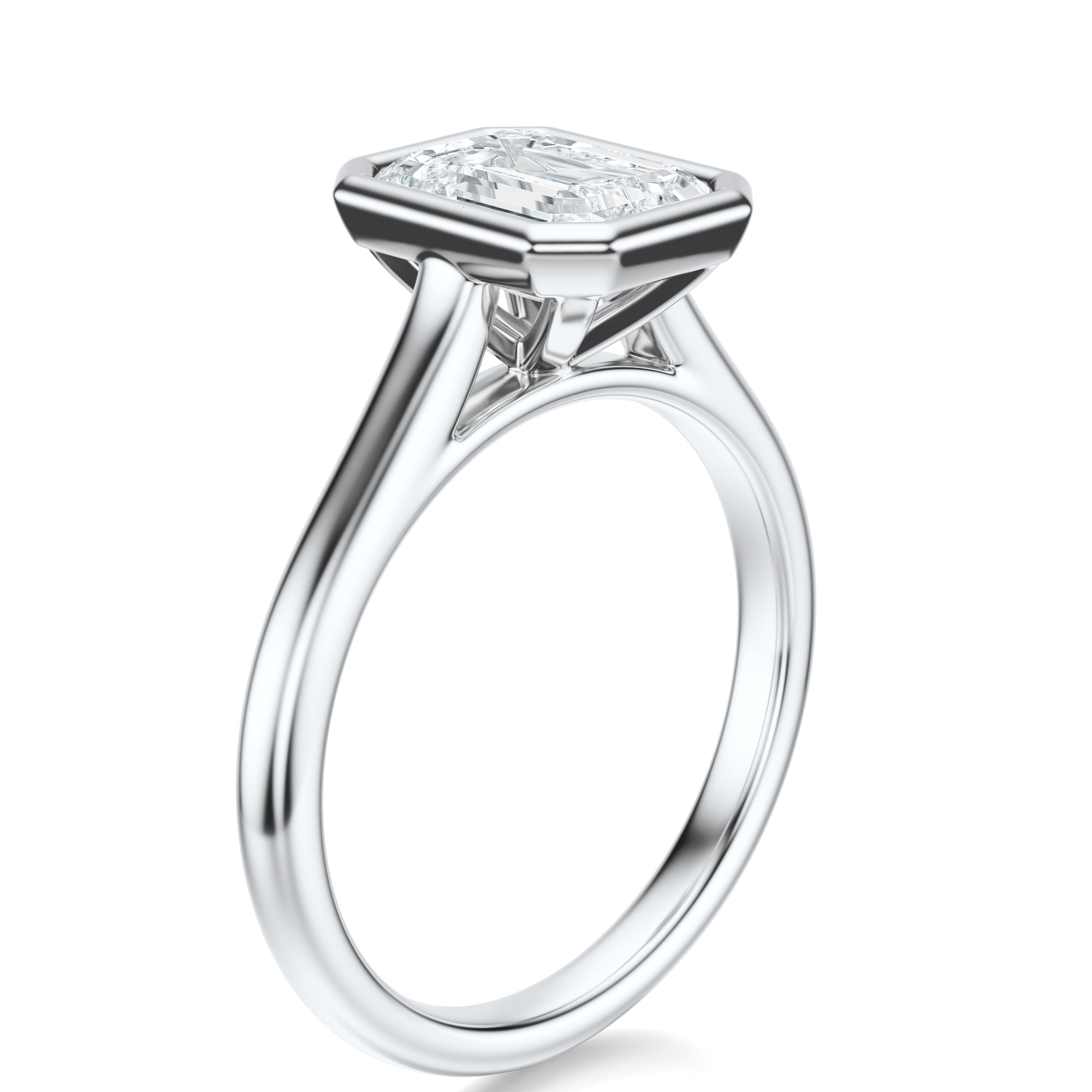 Signature Bezel Emerald Engagement Ring - White Gold Polished Band - Side View