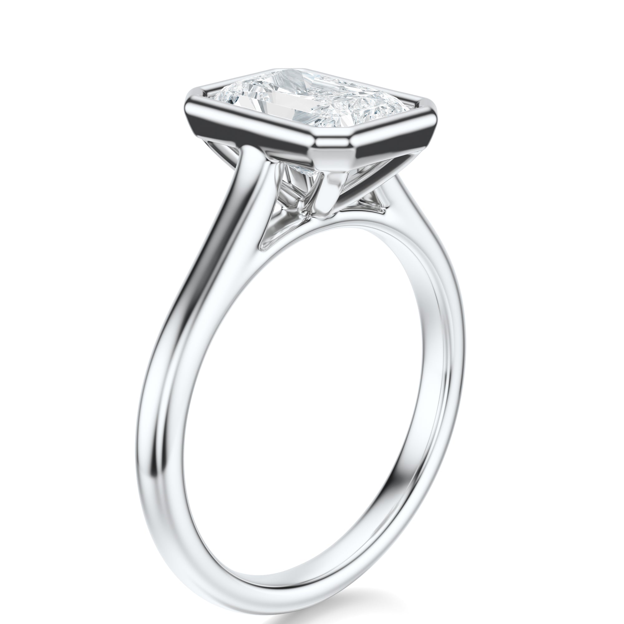Signature Bezel Radiant Engagement Ring - White Gold Polished Band - Side View