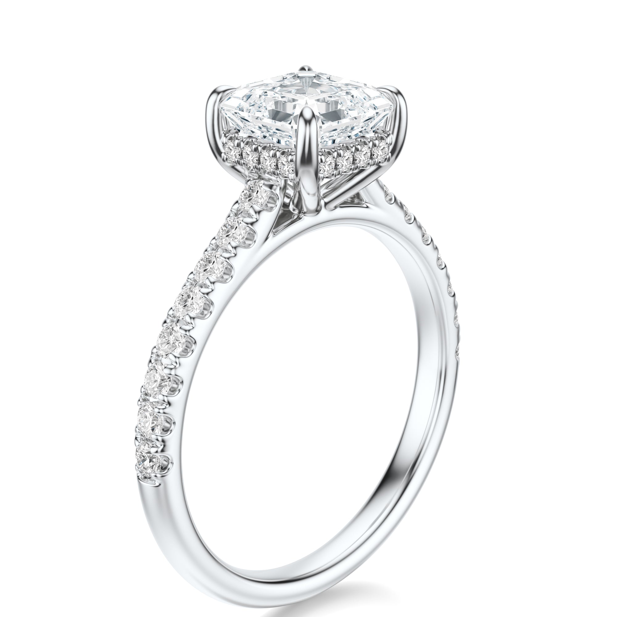 Signature Cathedral Hidden Halo Asscher Engagement Ring - White Gold Pavé Band - Side View