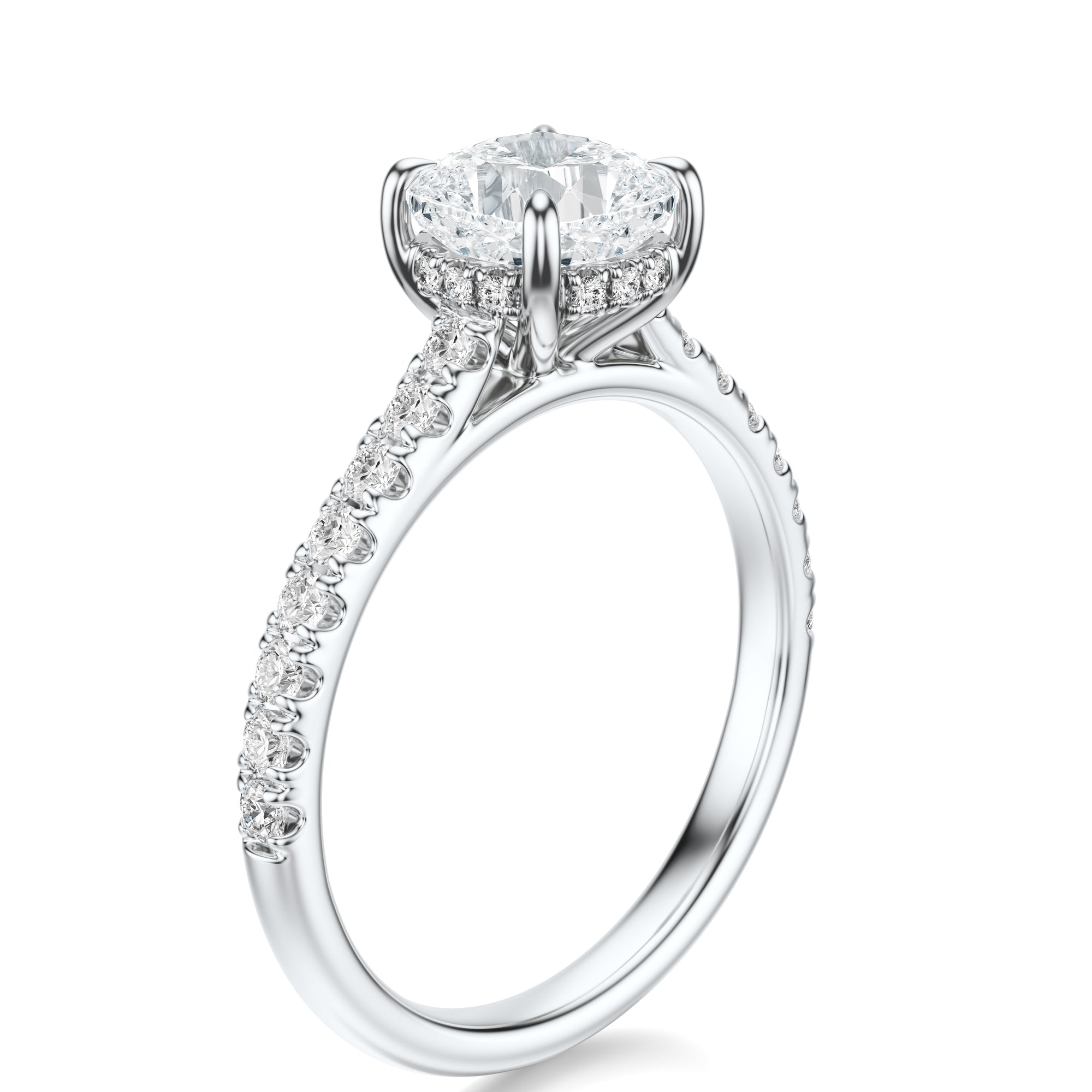 Signature Cathedral Hidden Halo Cushion Engagement Ring - White Gold Pavé Band - Side View