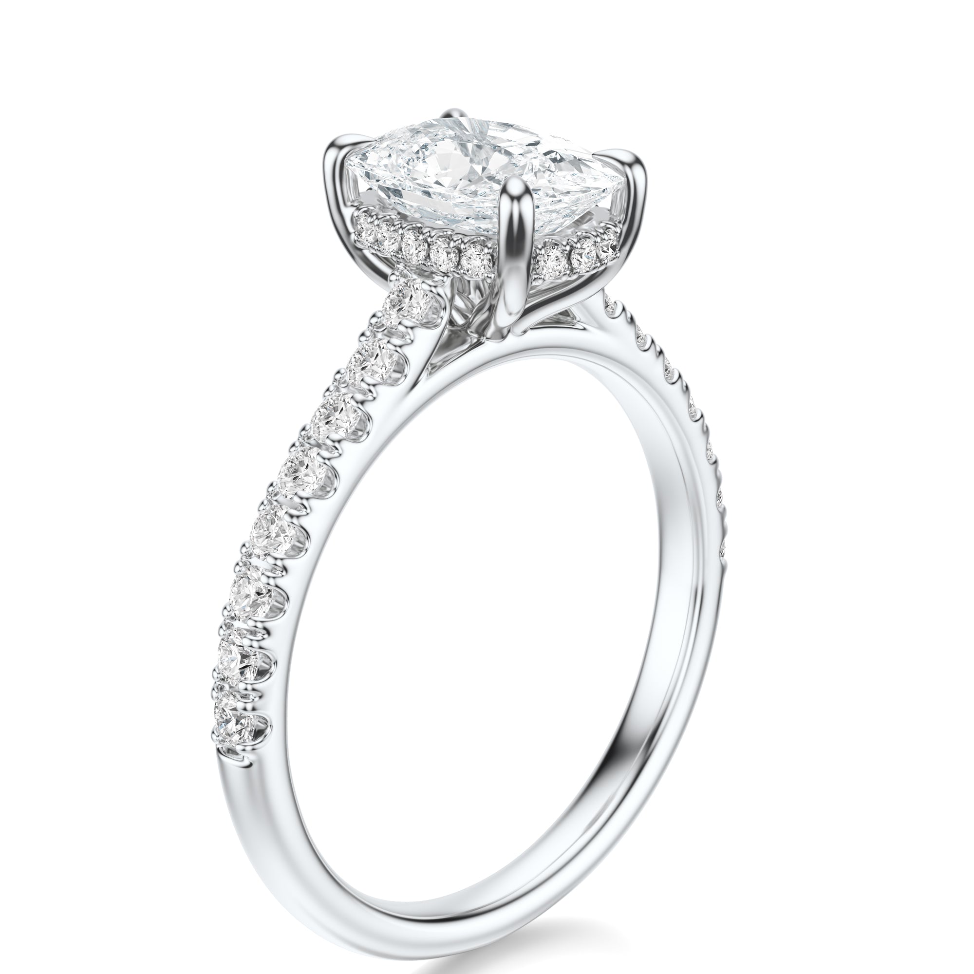 Signature Cathedral Hidden Halo Elongated Cushion Engagement Ring - White Gold Pavé Band - Side View