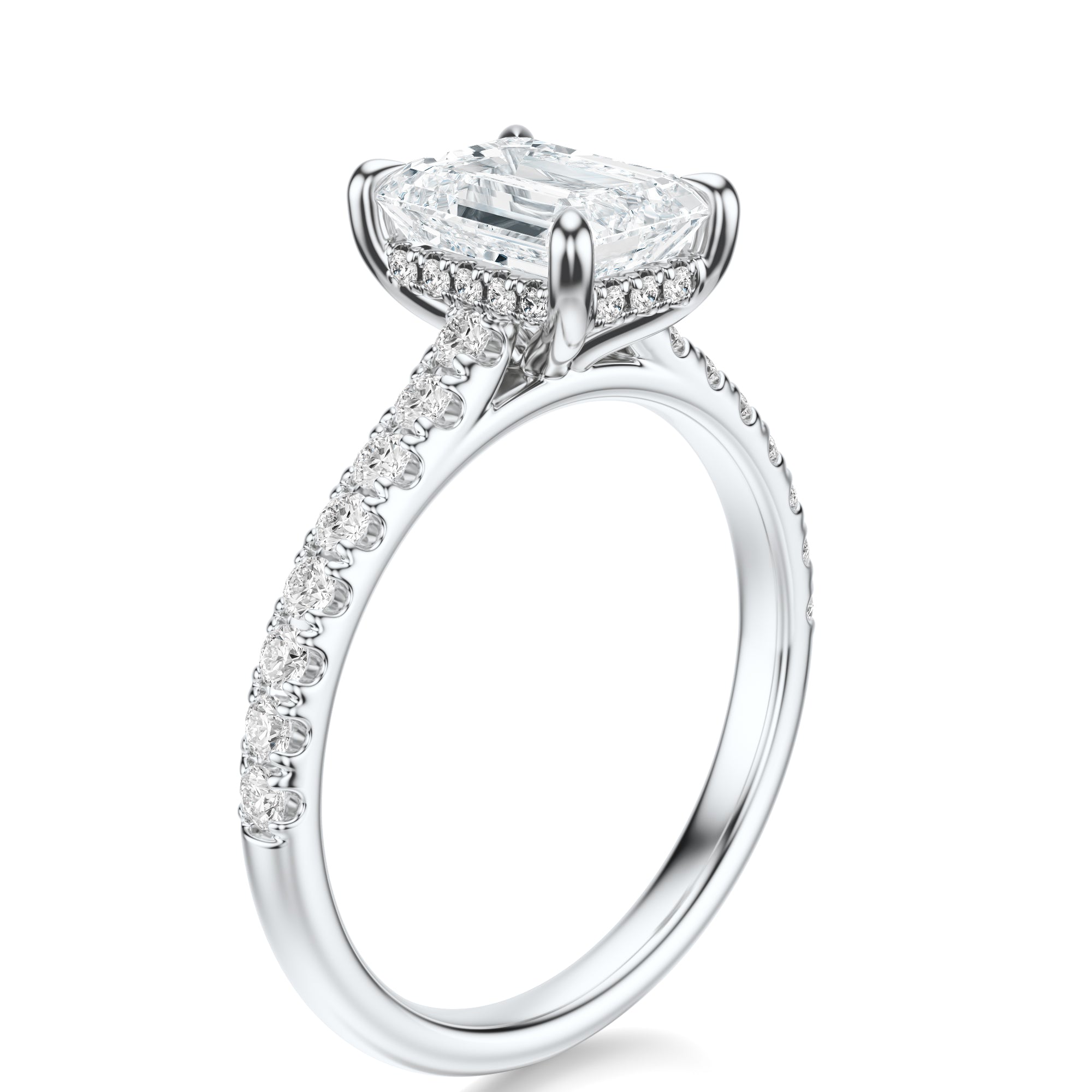 Signature Cathedral Hidden Halo Emerald Engagement Ring - White Gold Pavé Band - Side View