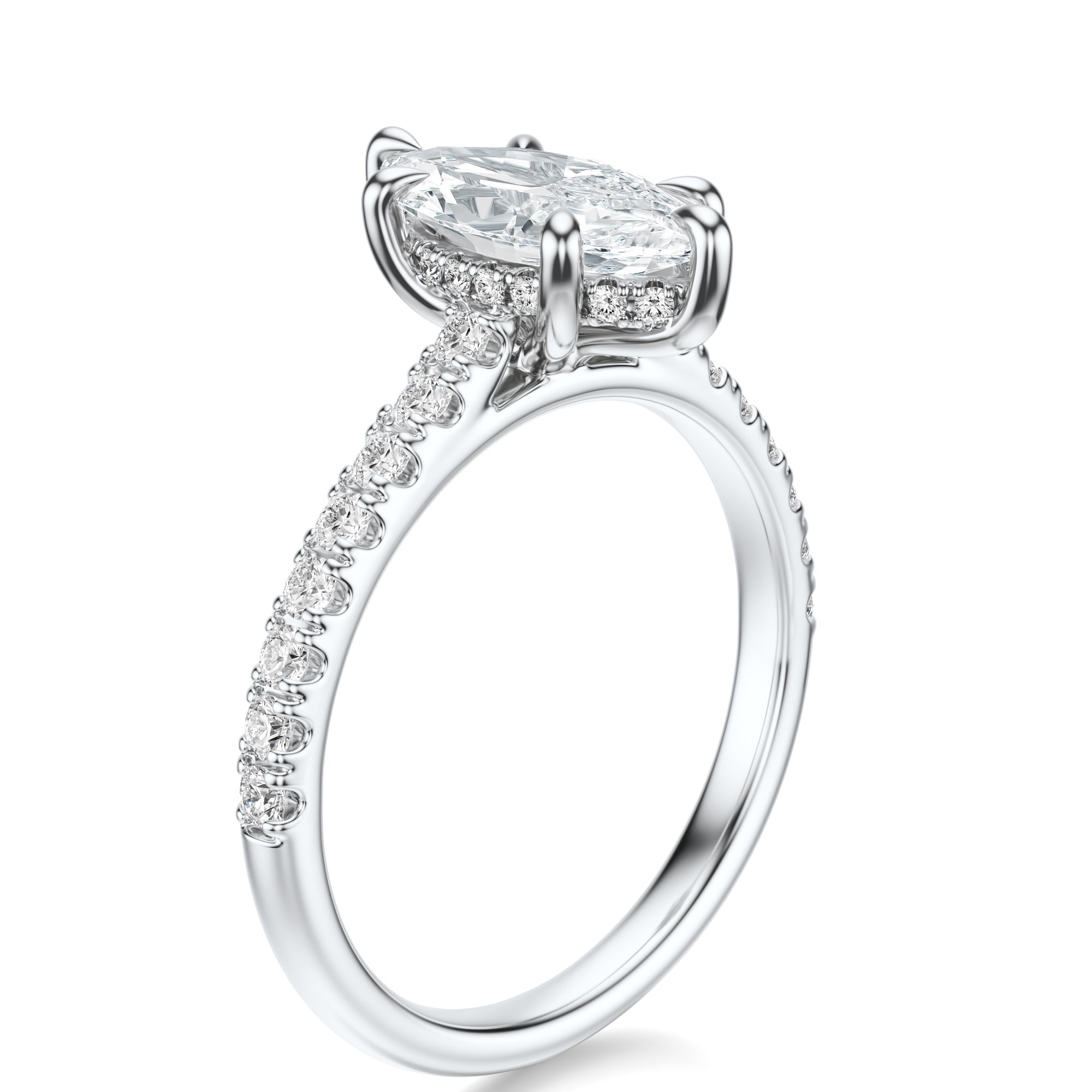 Signature Cathedral Hidden Halo Marquise Engagement Ring - White Gold Pavé Band - Side View