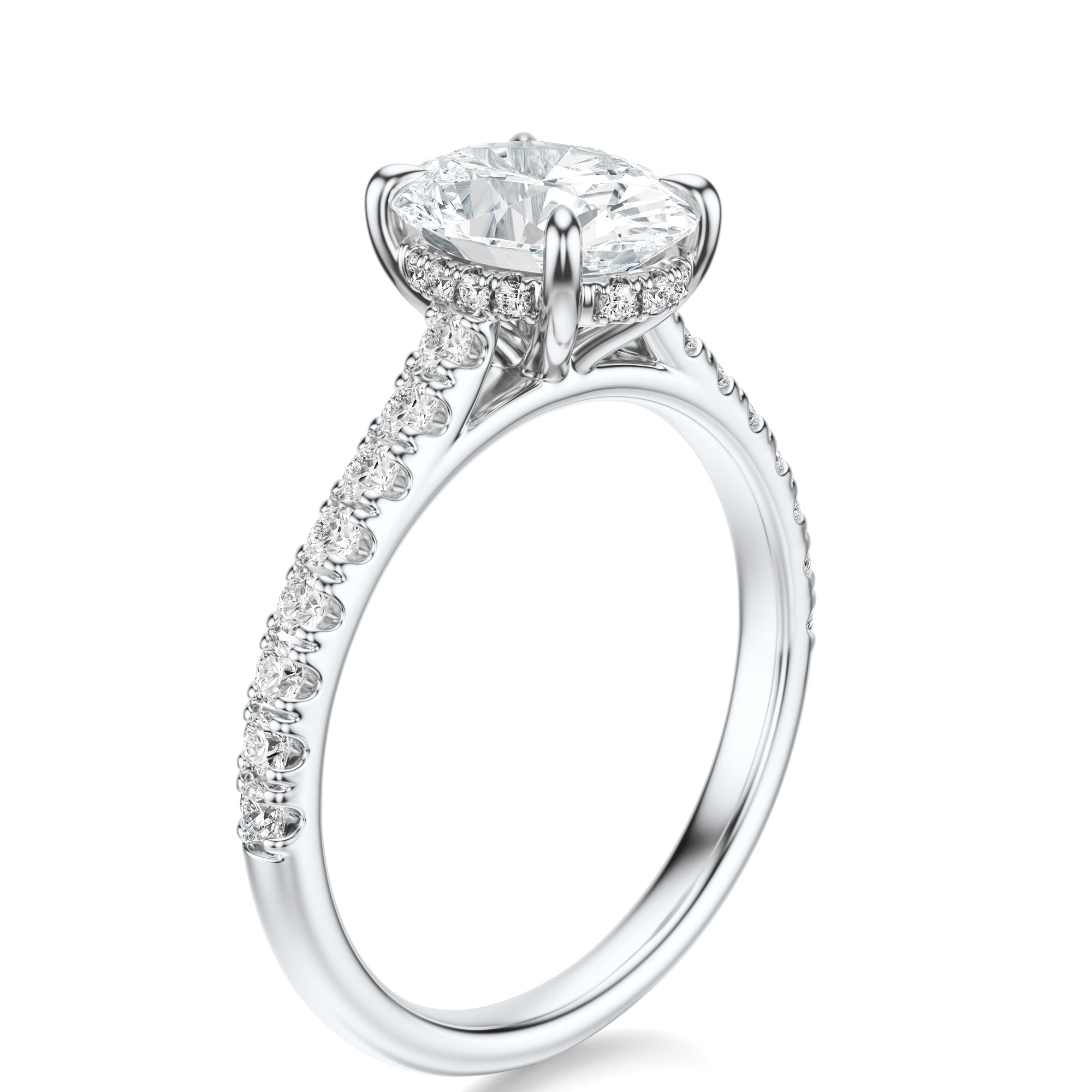 Signature Cathedral Hidden Halo Oval Engagement Ring - White Gold Pavé Band - Side View
