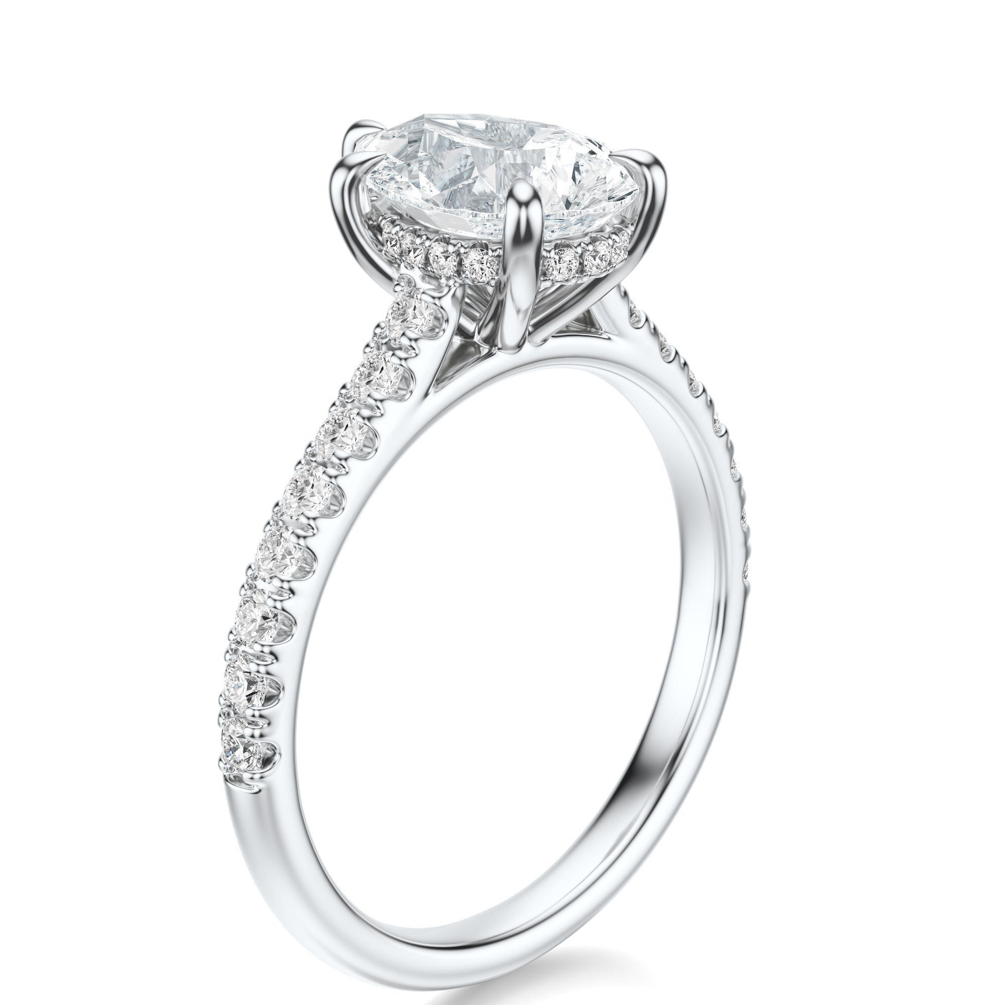 Signature Cathedral Hidden Halo Pear Engagement Ring - White Gold Pavé Band - Side View