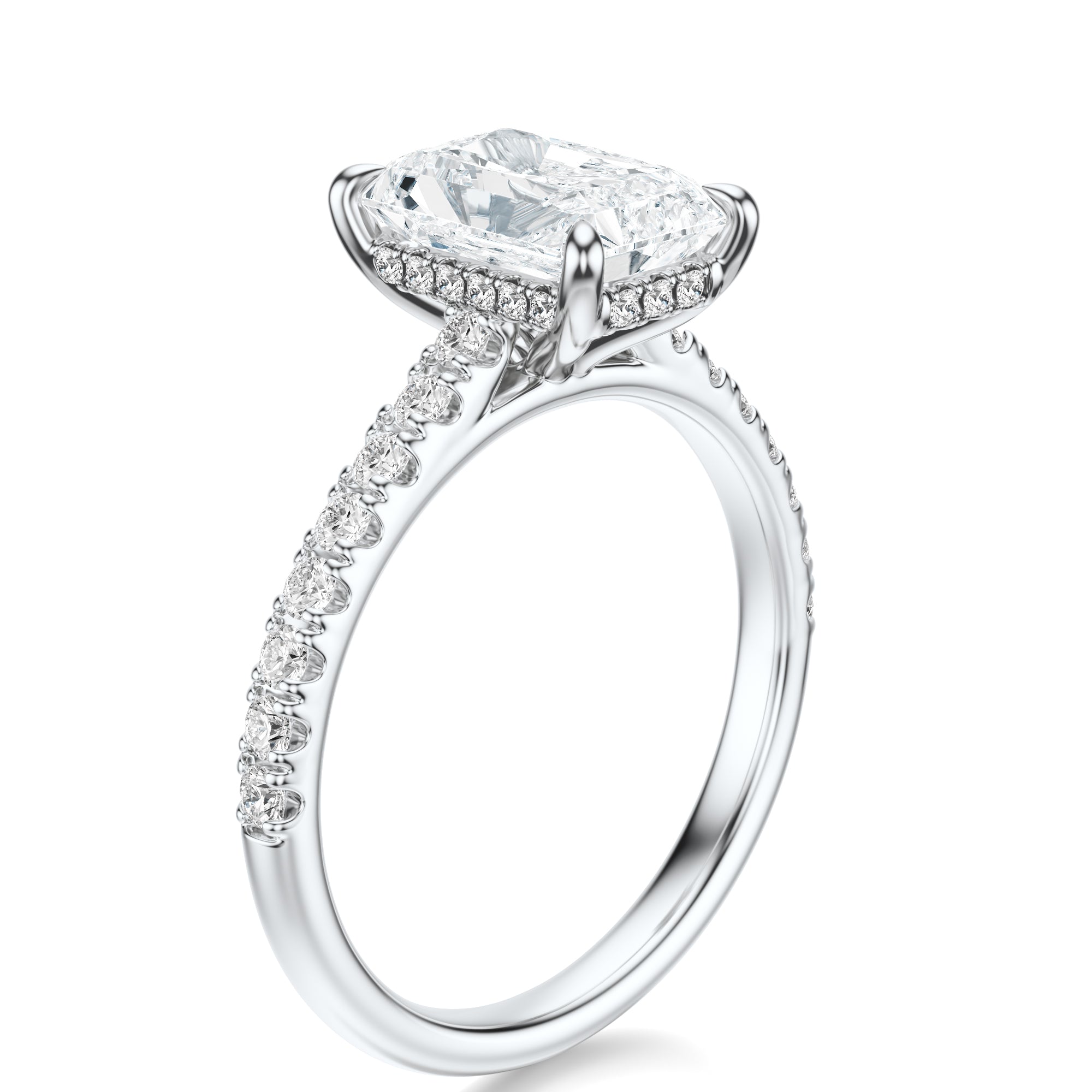 Signature Cathedral Hidden Halo Radiant Engagement Ring - White Gold Pavé Band - Side View