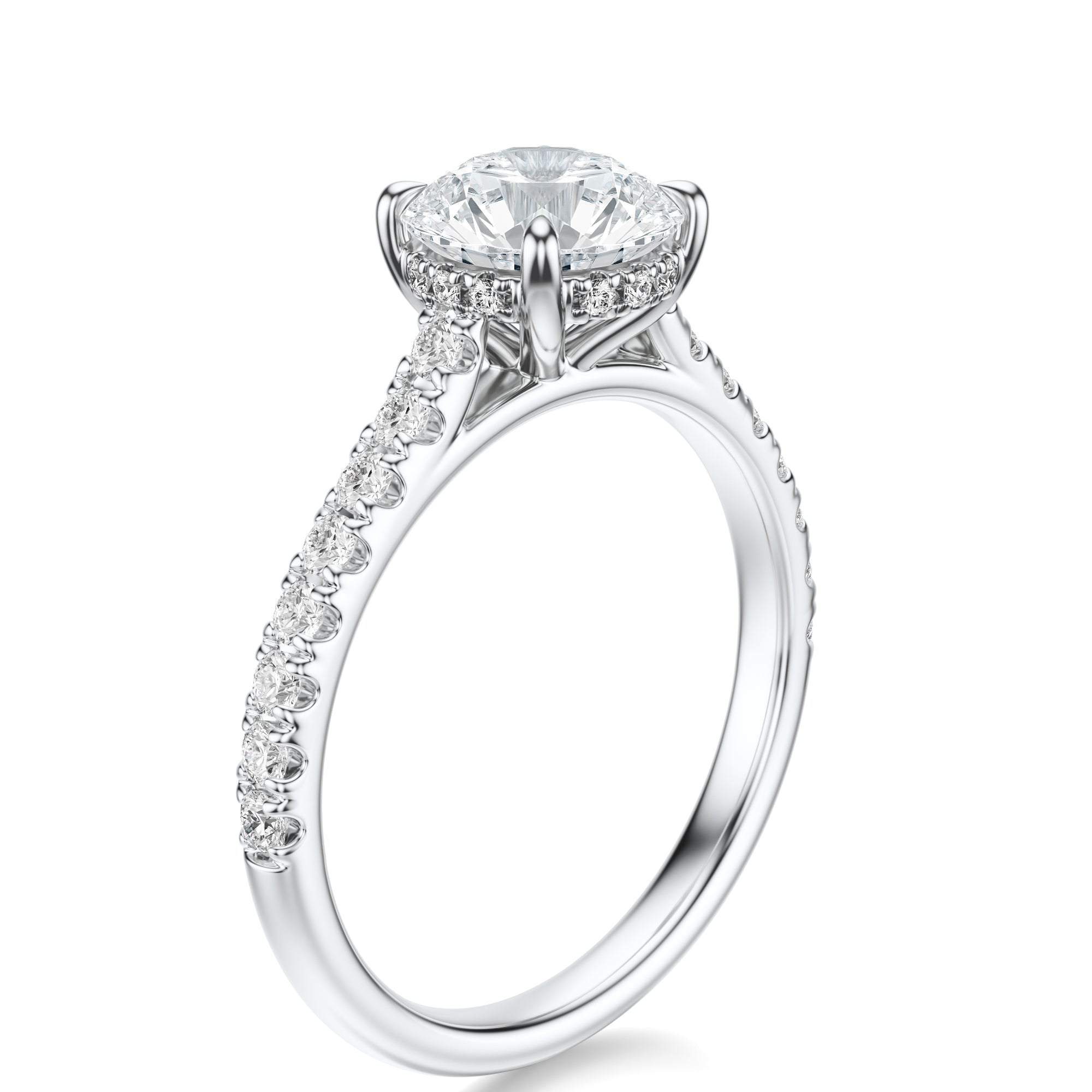 Signature Cathedral Hidden Halo Round Engagement Ring - White Gold Pavé Band - Side View