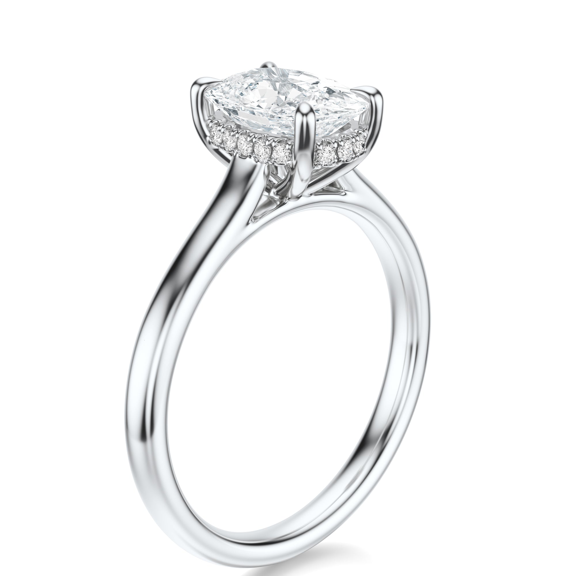 Signature Cathedral Hidden Halo Elongated Cushion Engagement Ring - White Gold Polished Band - Side View