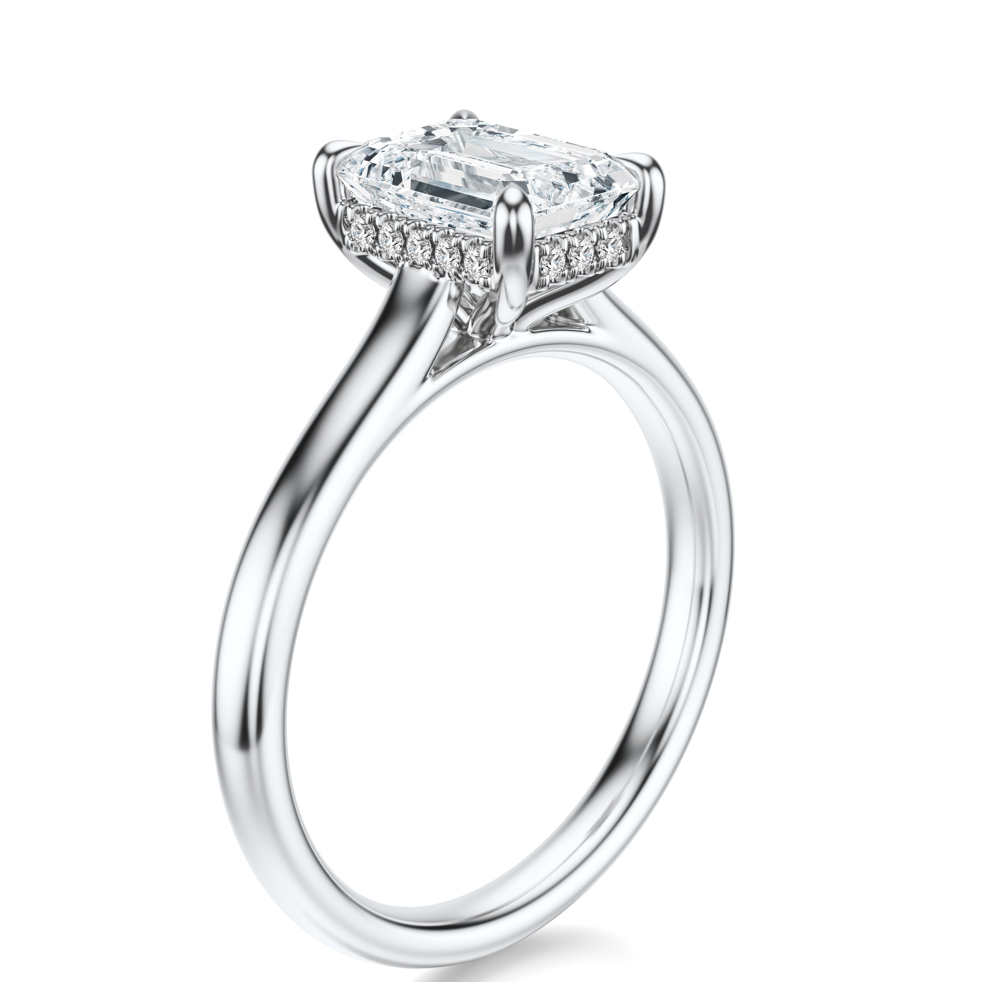 Signature Cathedral Hidden Halo Emerald Engagement Ring - White Gold Polished Band - Side View