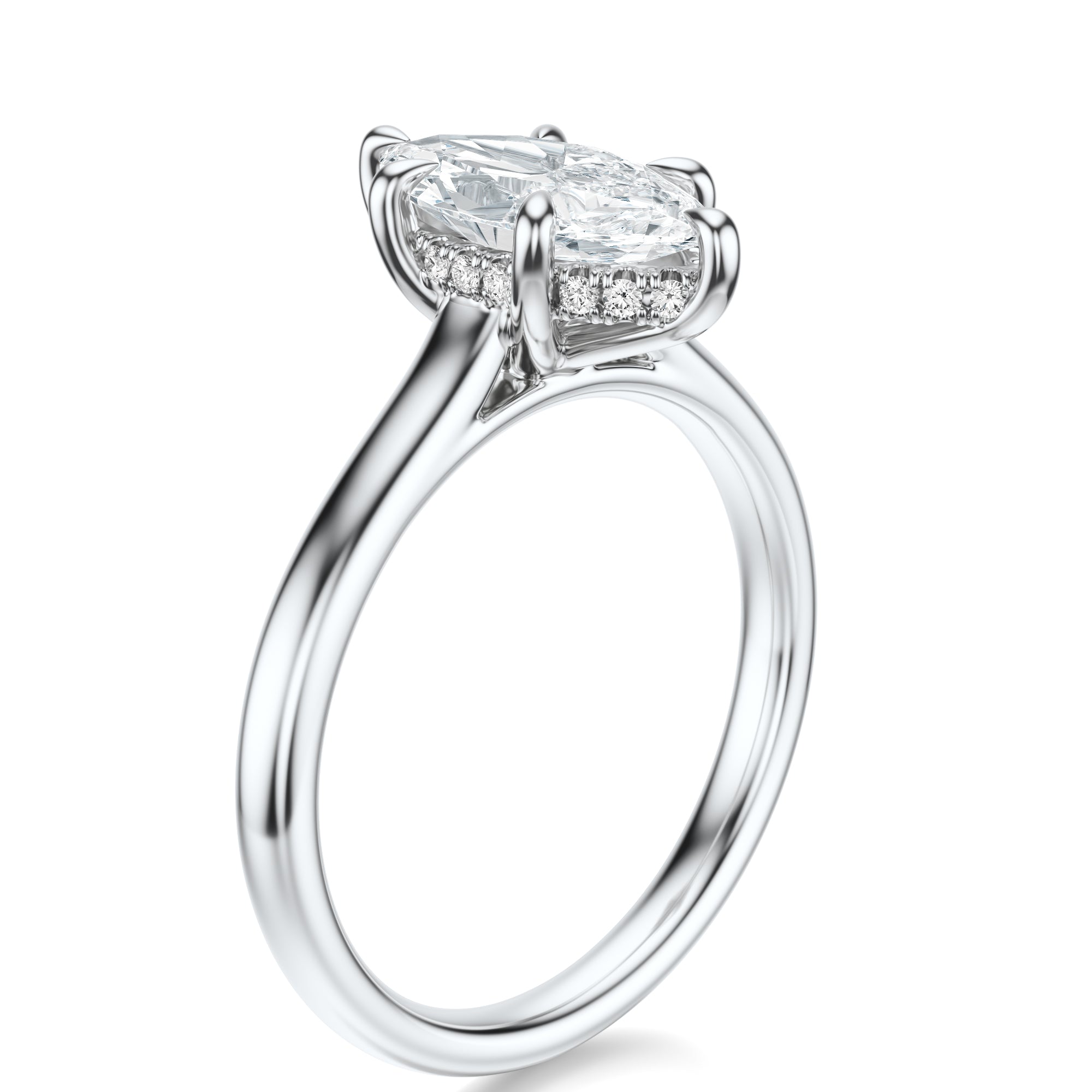 Signature Cathedral Hidden Halo Marquise Engagement Ring - White Gold Polished Band - Side View