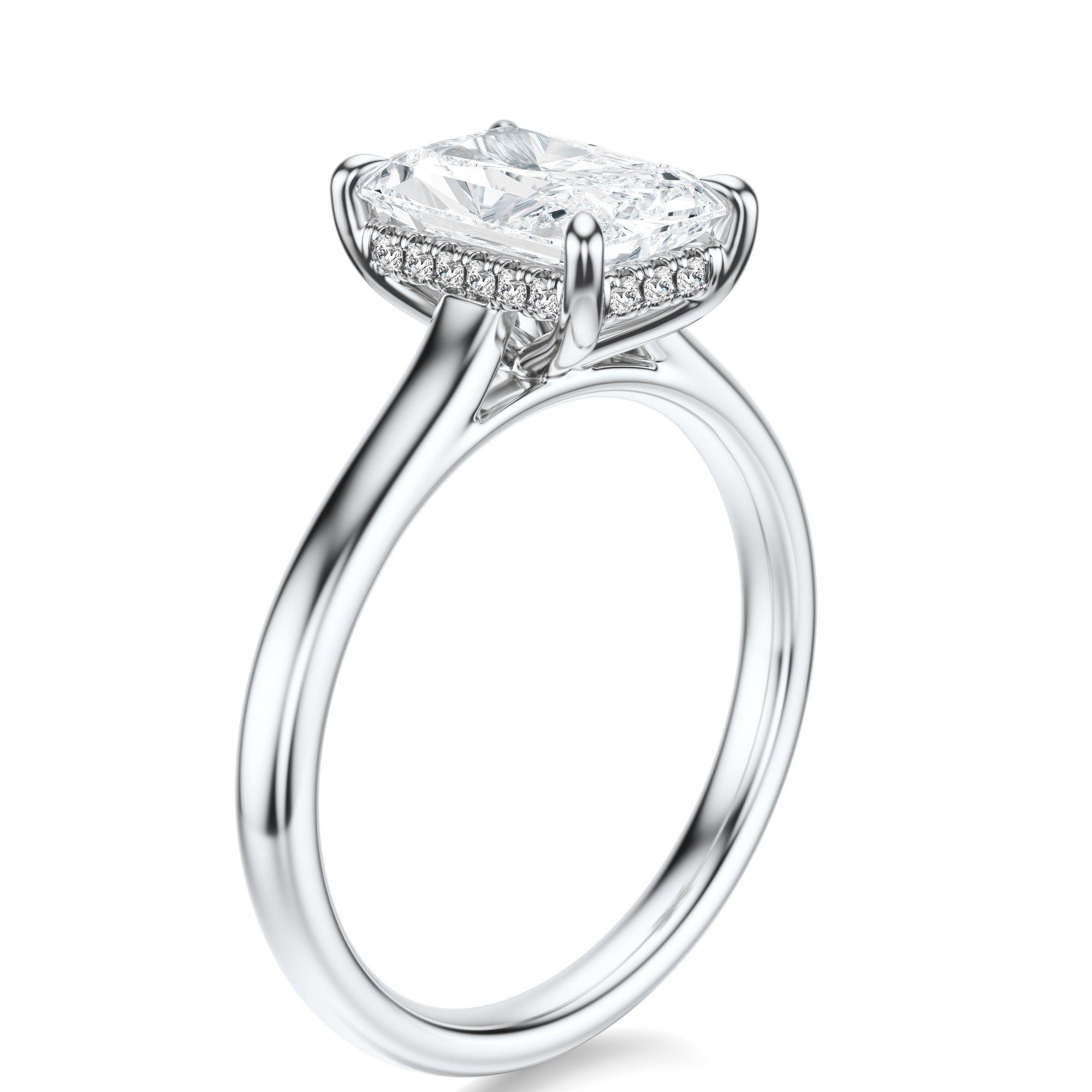 Signature Cathedral Hidden Halo Radiant Engagement Ring - White Gold Polished Band - Side View