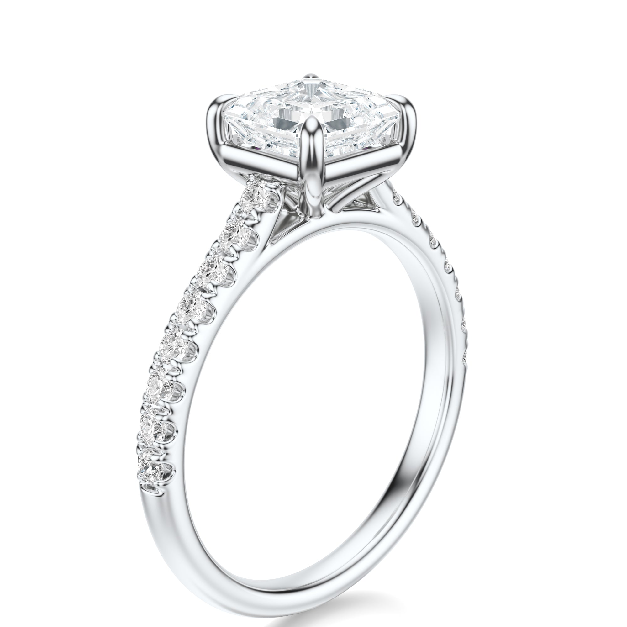 Signature Cathedral Asscher Engagement Ring - White Gold Pavé Band - Side View