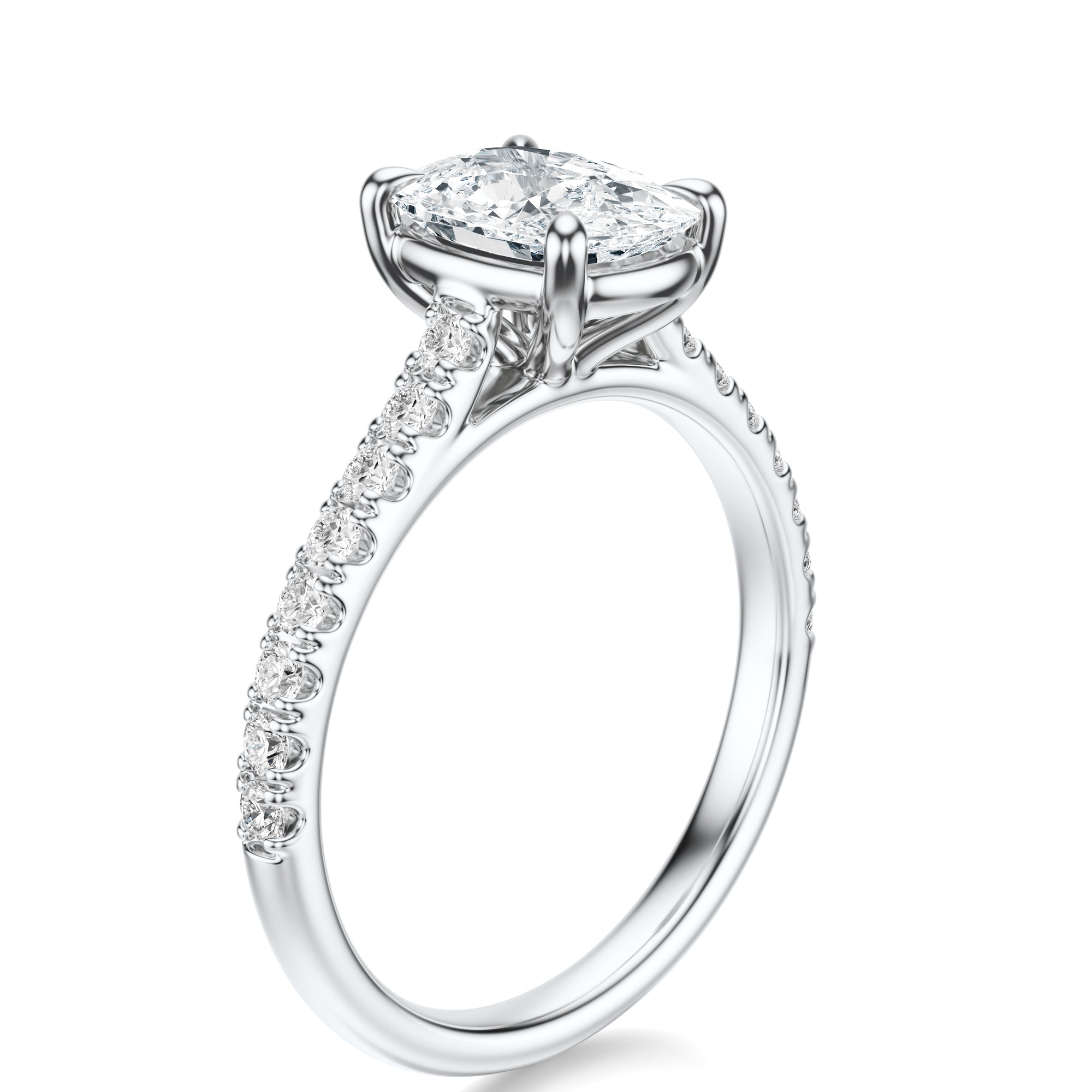 Signature Cathedral Elongated Cushion Engagement Ring - White Gold Pavé Band - Side View