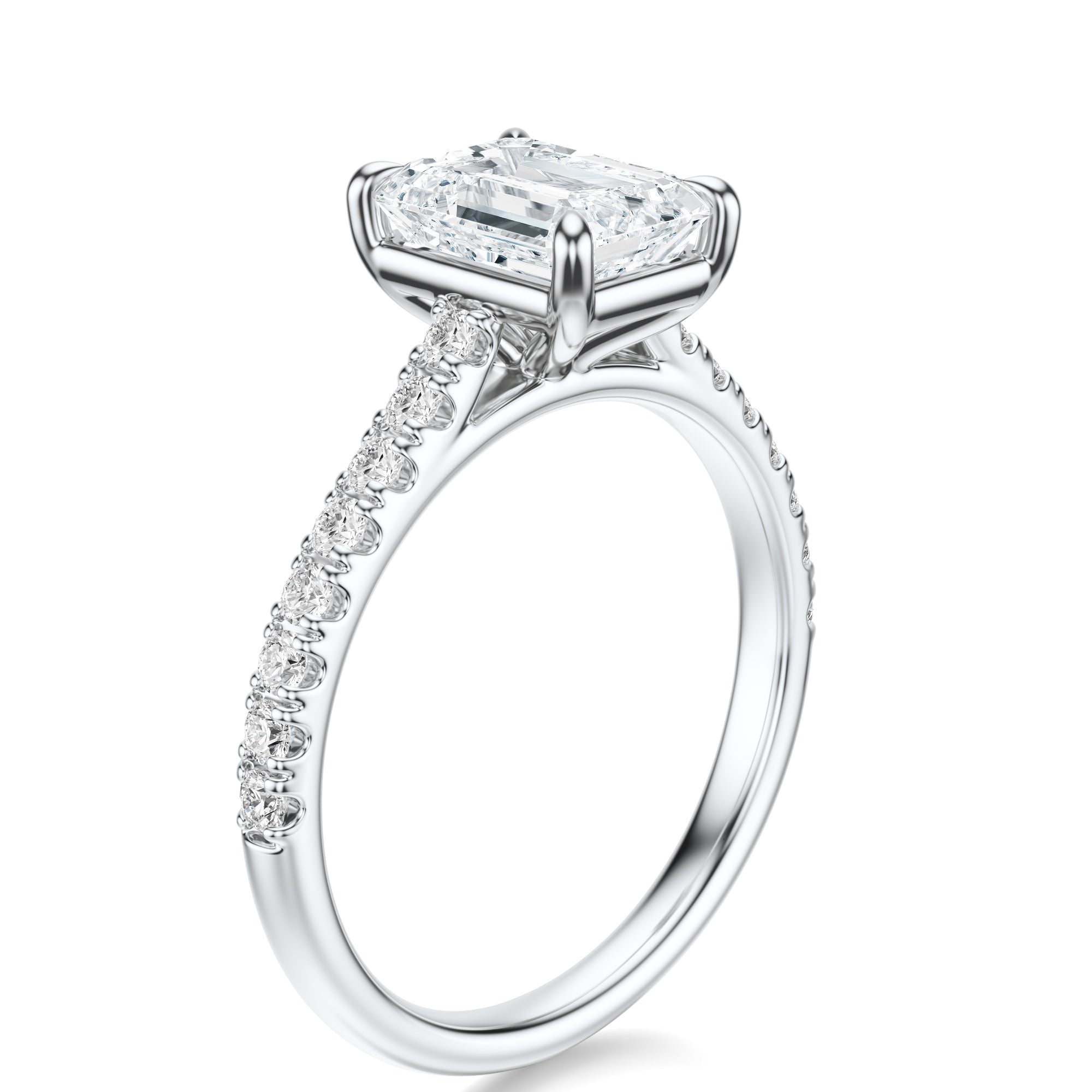 Signature Cathedral Emerald Engagement Ring - White Gold Pavé Band - Side View