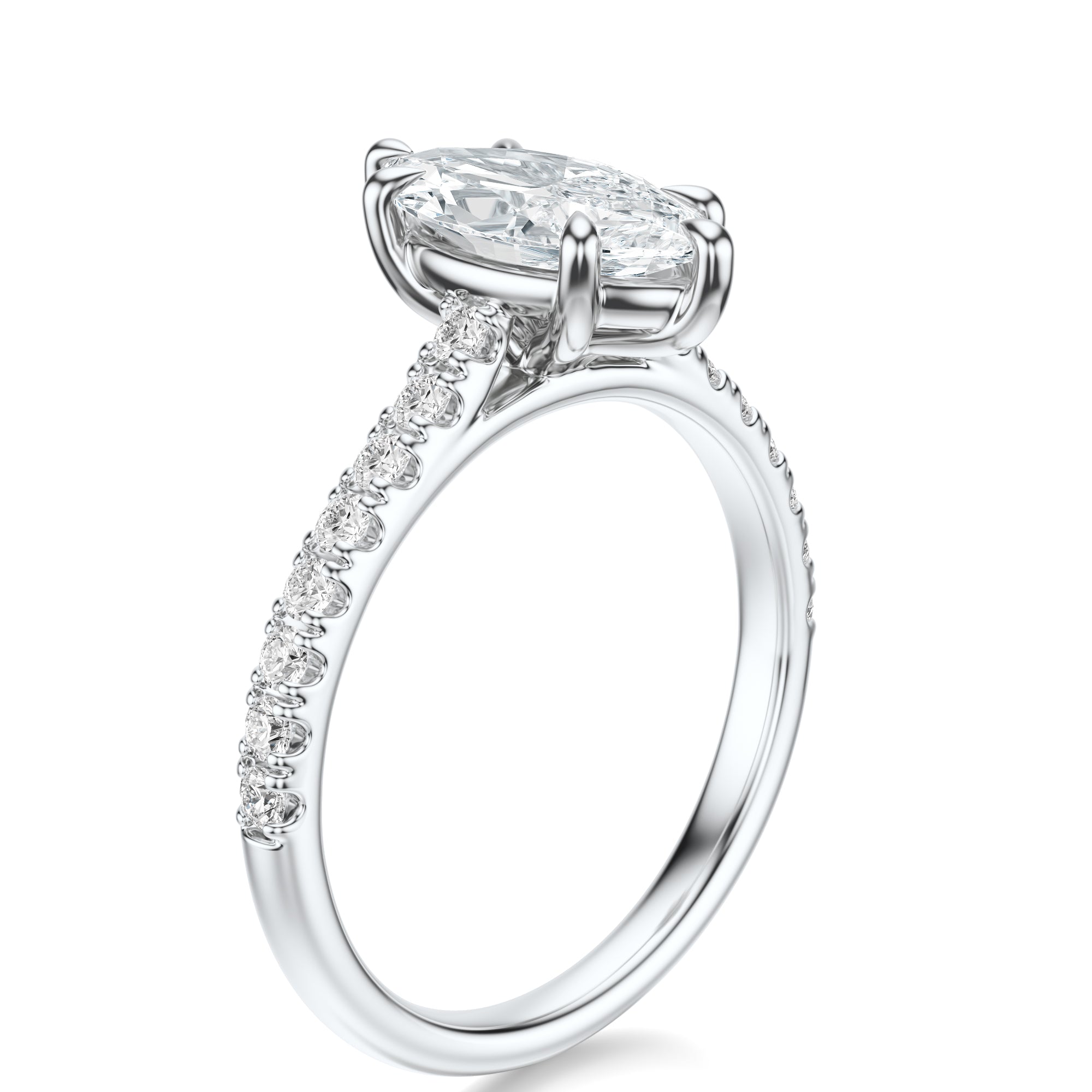 Signature Cathedral Marquise Engagement Ring - White Gold Pavé Band - Side View