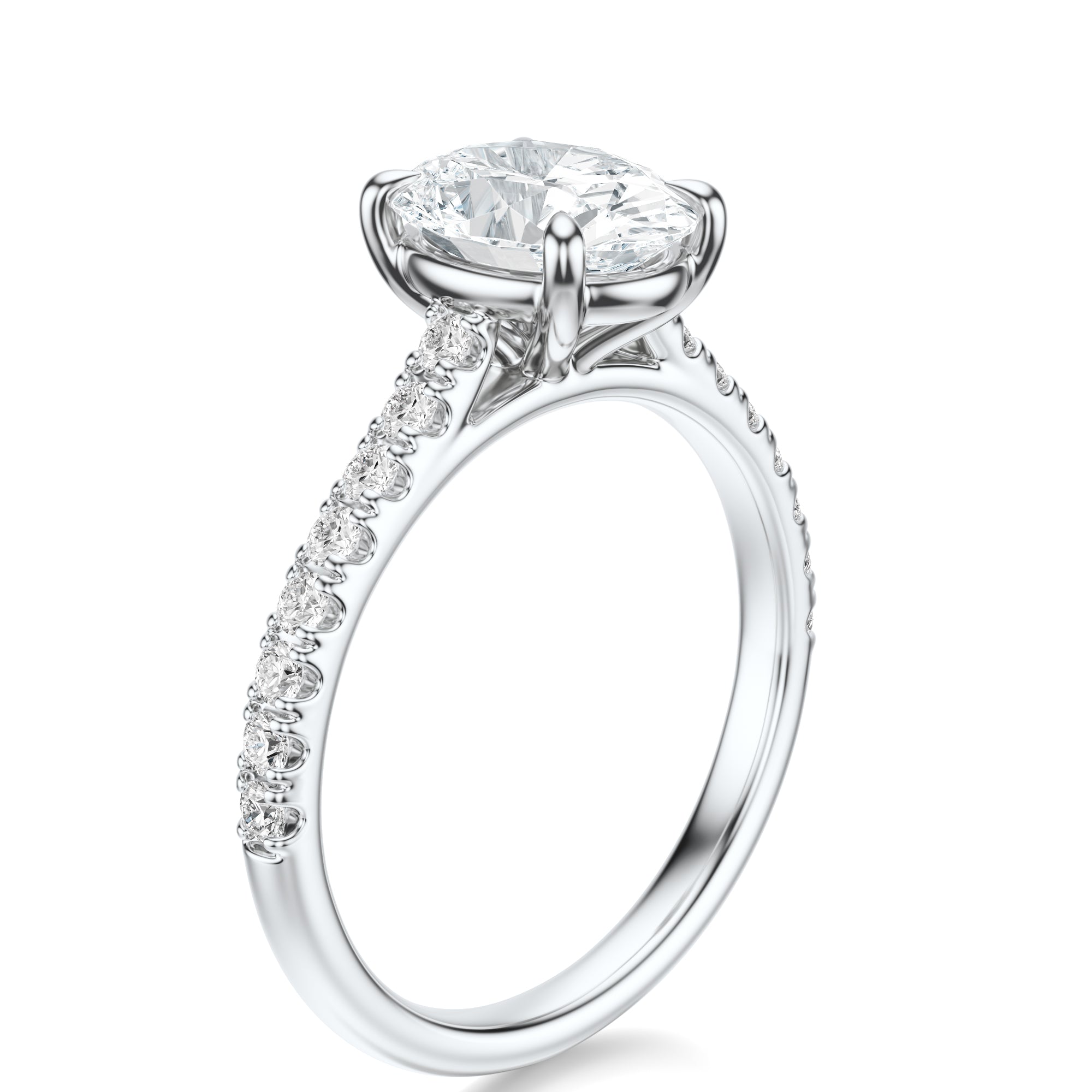 Signature Cathedral Oval Engagement Ring - White Gold Pavé Band - Side View