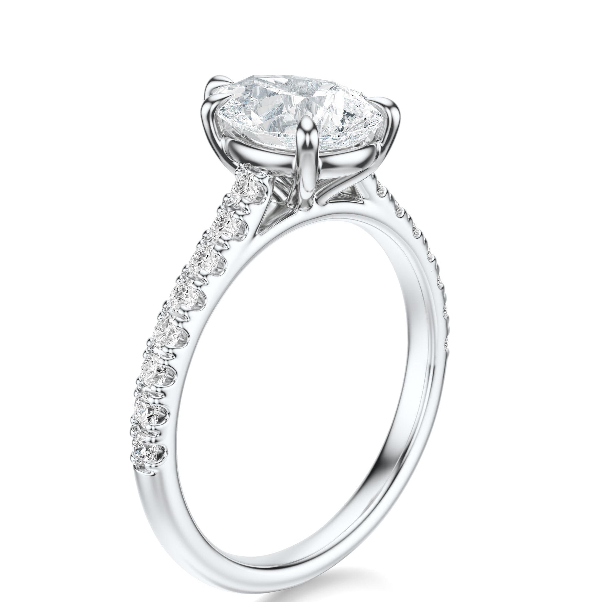 Signature Cathedral Pear Engagement Ring - White Gold Pavé Band - Side View