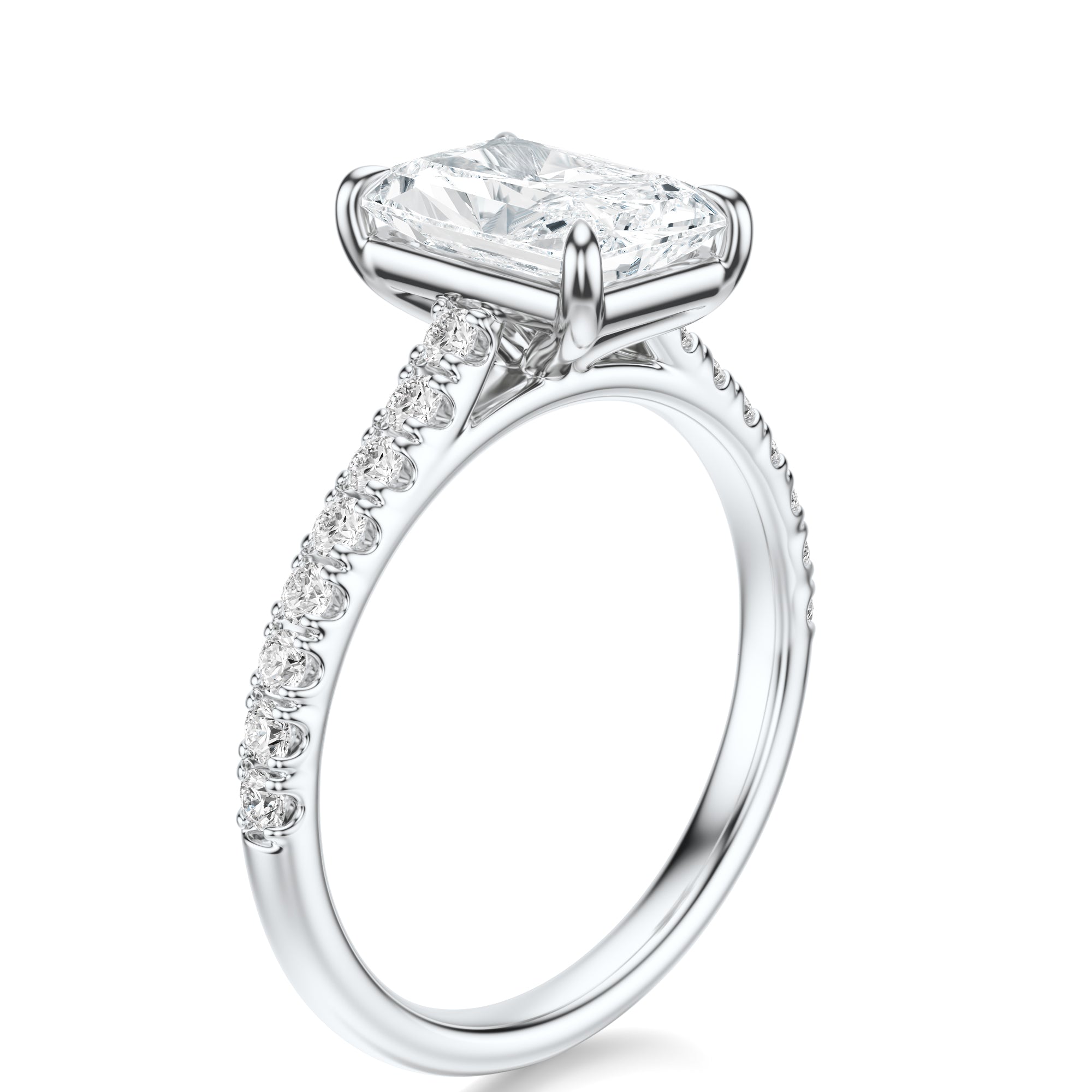 Signature Cathedral Radiant Engagement Ring - White Gold Pavé Band - Side View