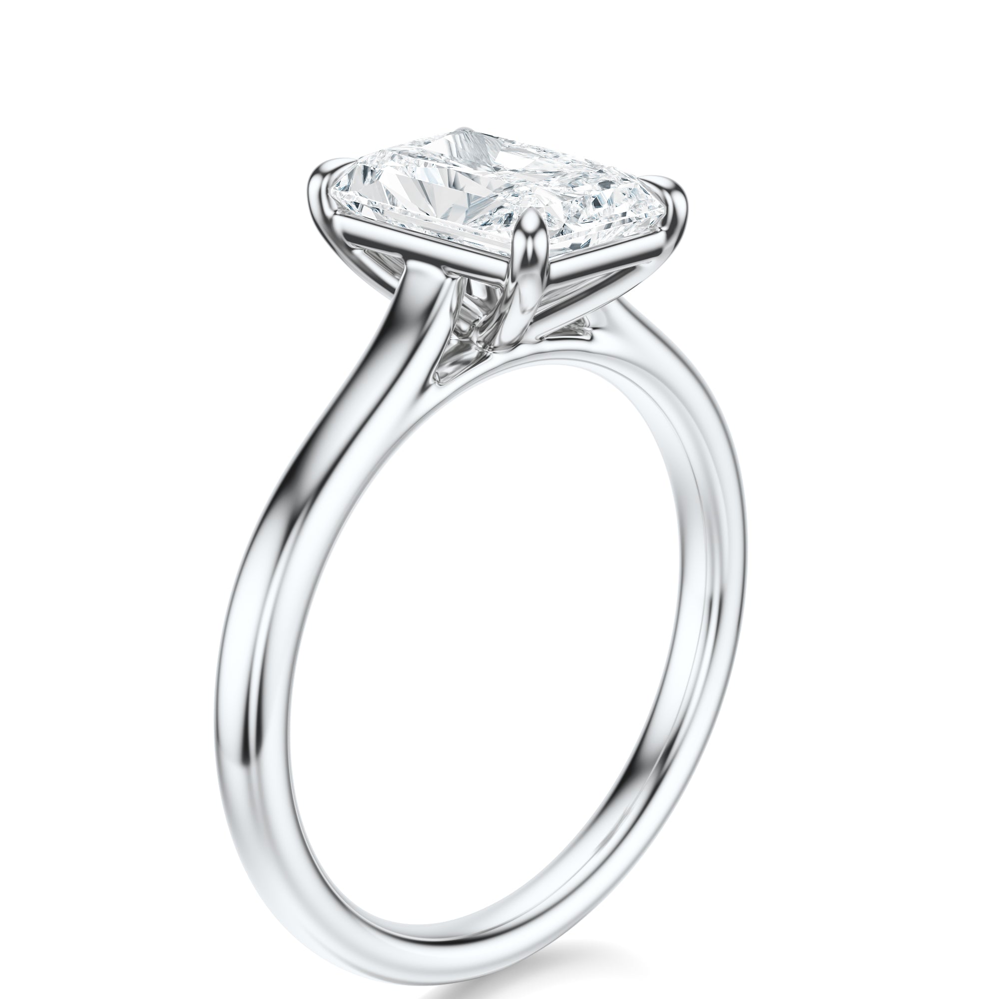 Signature Cathedral Radiant Engagement Ring - White Gold Polished Band - Side View