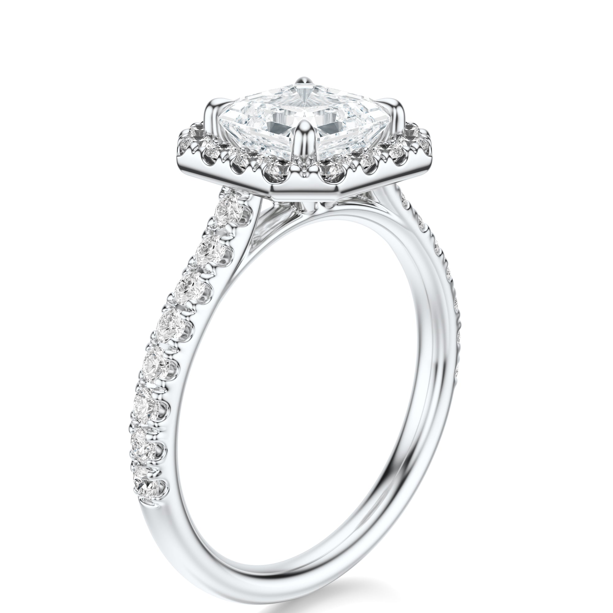 Signature Halo Asscher Engagement Ring - White Gold Pavé Band - Side View