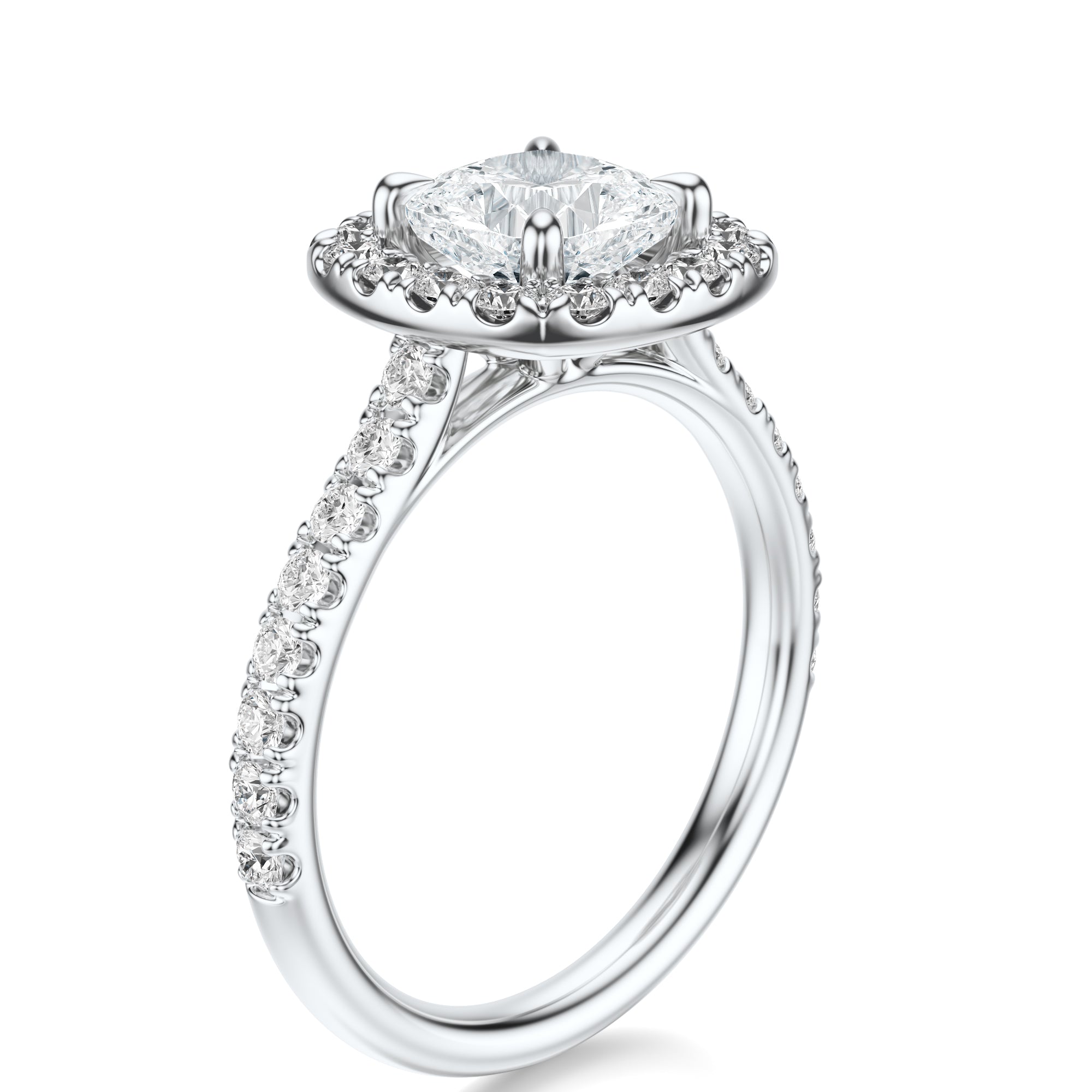Signature Halo Cushion Engagement Ring - White Gold Pavé Band - Side View