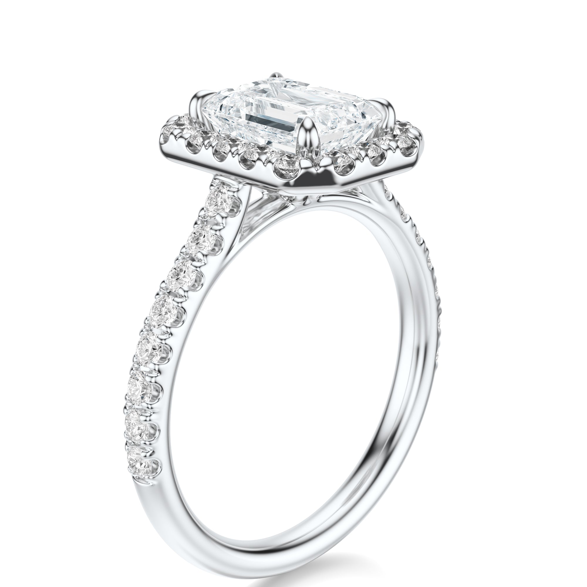 Signature Halo Emerald Engagement Ring - White Gold Pavé Band - Side View