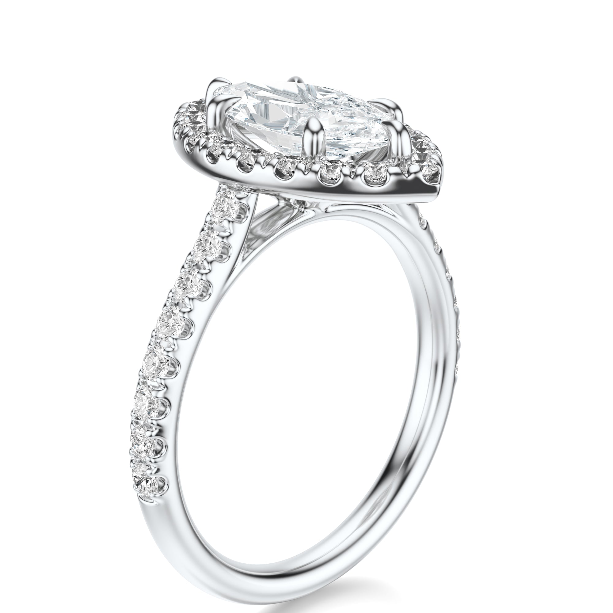 Signature Halo Marquise Engagement Ring - White Gold Pavé Band - Side View