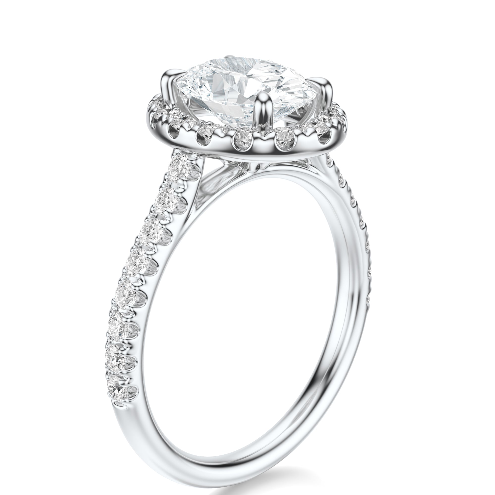 Signature Halo Oval Engagement Ring - White Gold Pavé Band - Side View