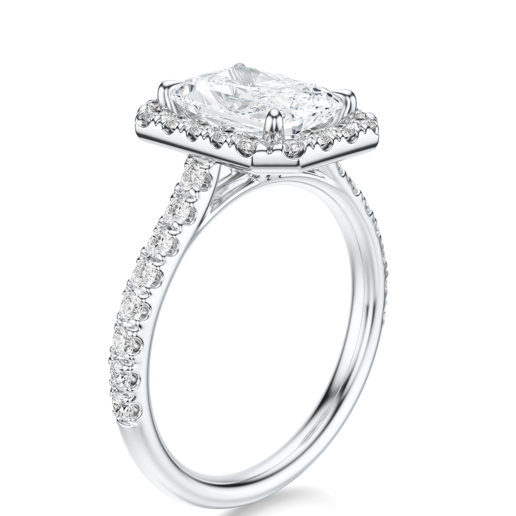 Signature Halo Radiant Engagement Ring - White Gold Pavé Band - Side View