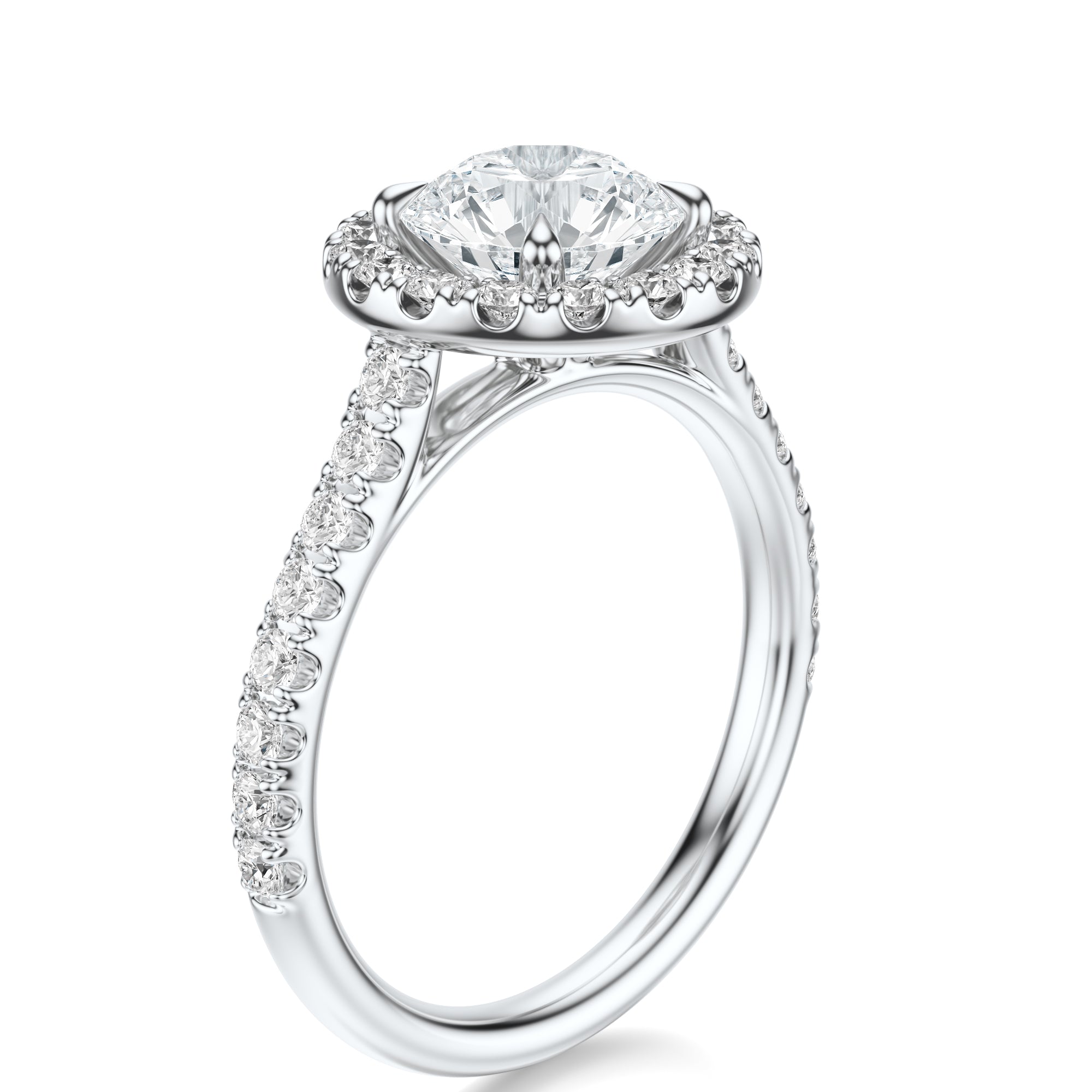 Signature Halo Round Engagement Ring - White Gold Pavé Band - Side View