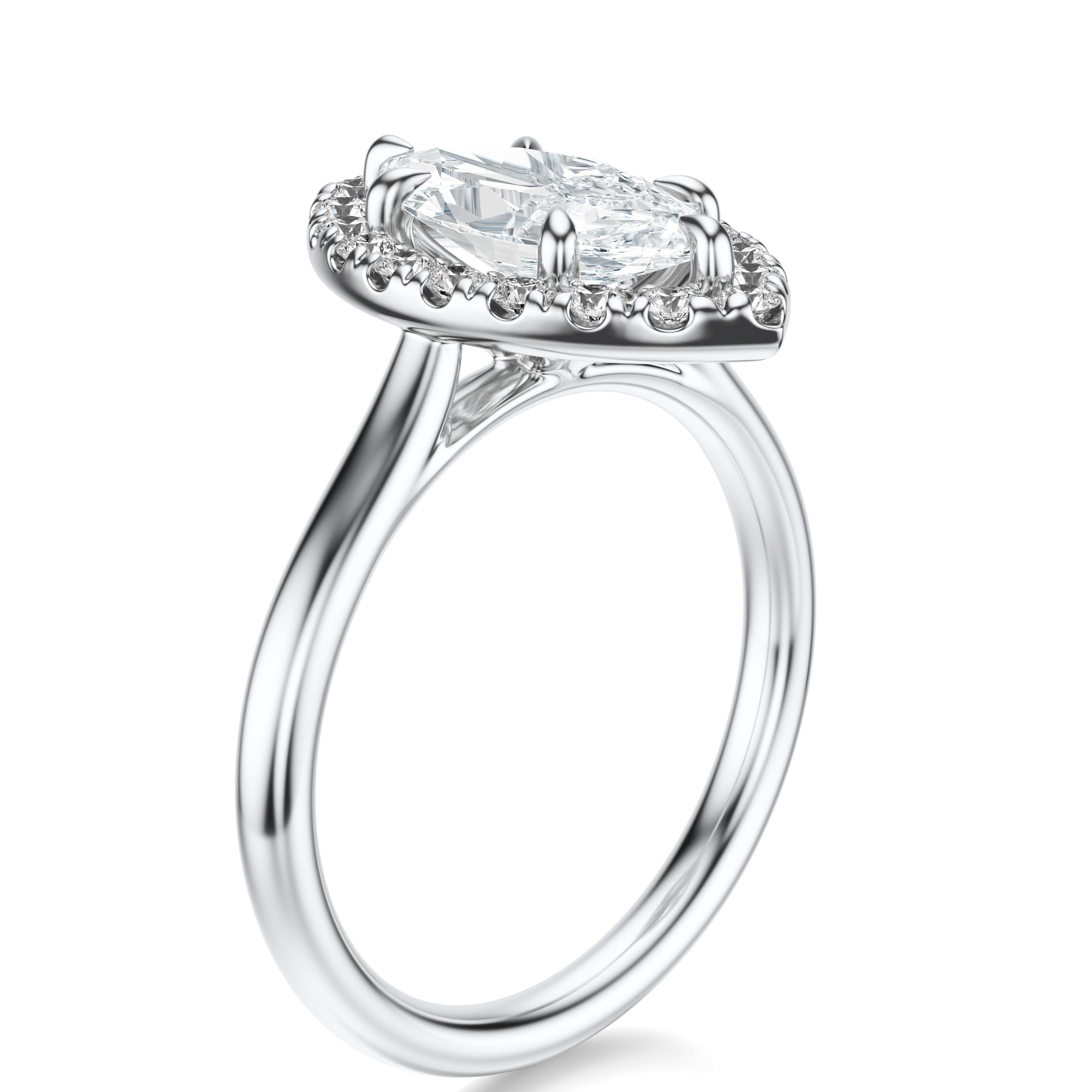 Signature Halo Marquise Engagement Ring - White Gold Polished Band - Side View