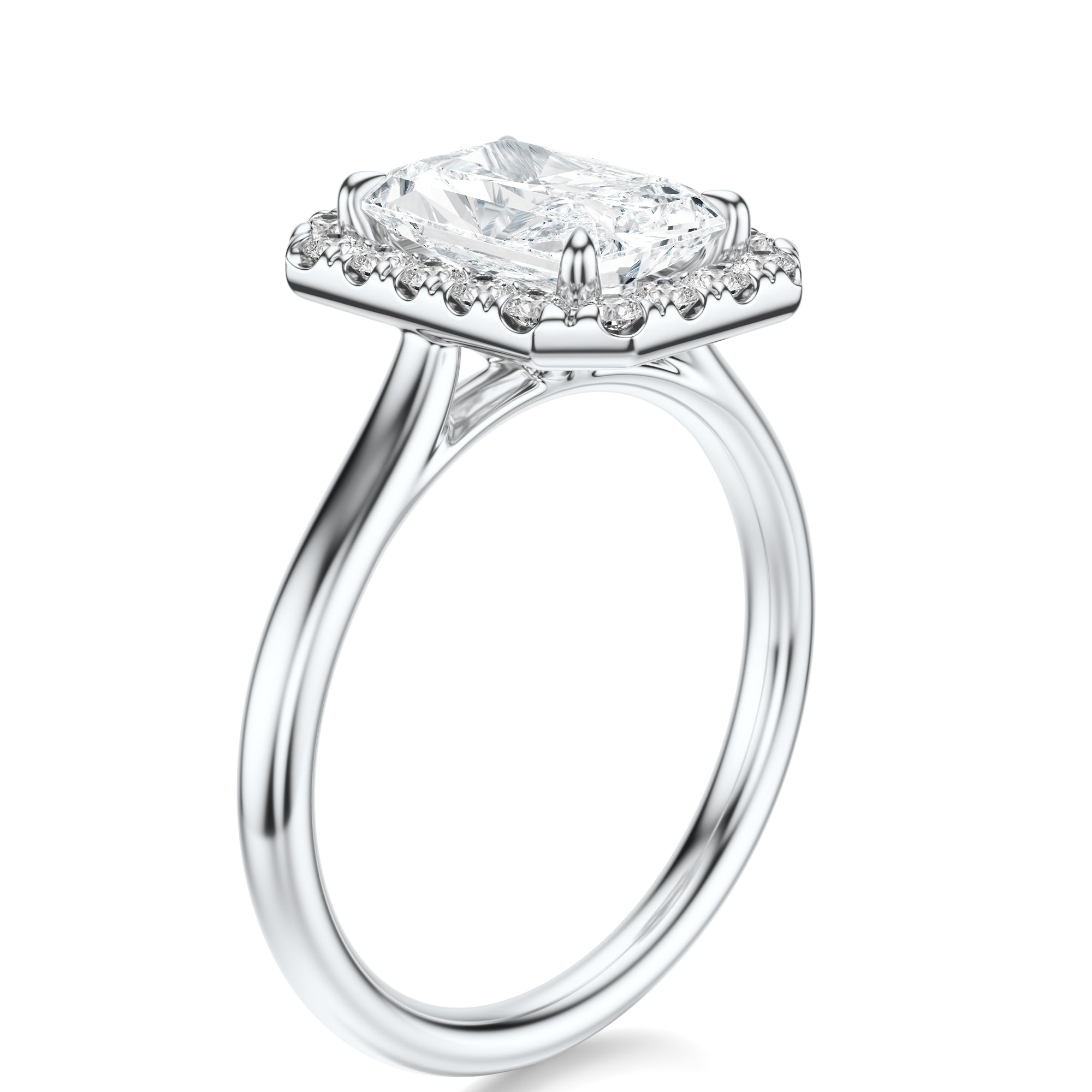 Signature Halo Radiant Engagement Ring - White Gold Polished Band - Side View