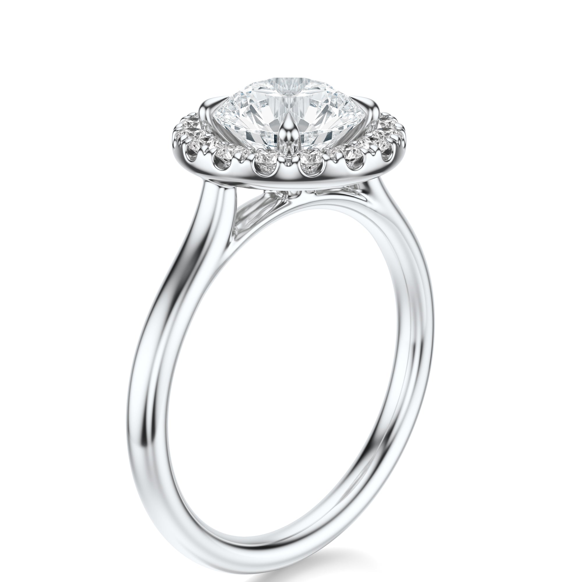 Signature Halo Round Engagement Ring - White Gold Polished Band - Side View