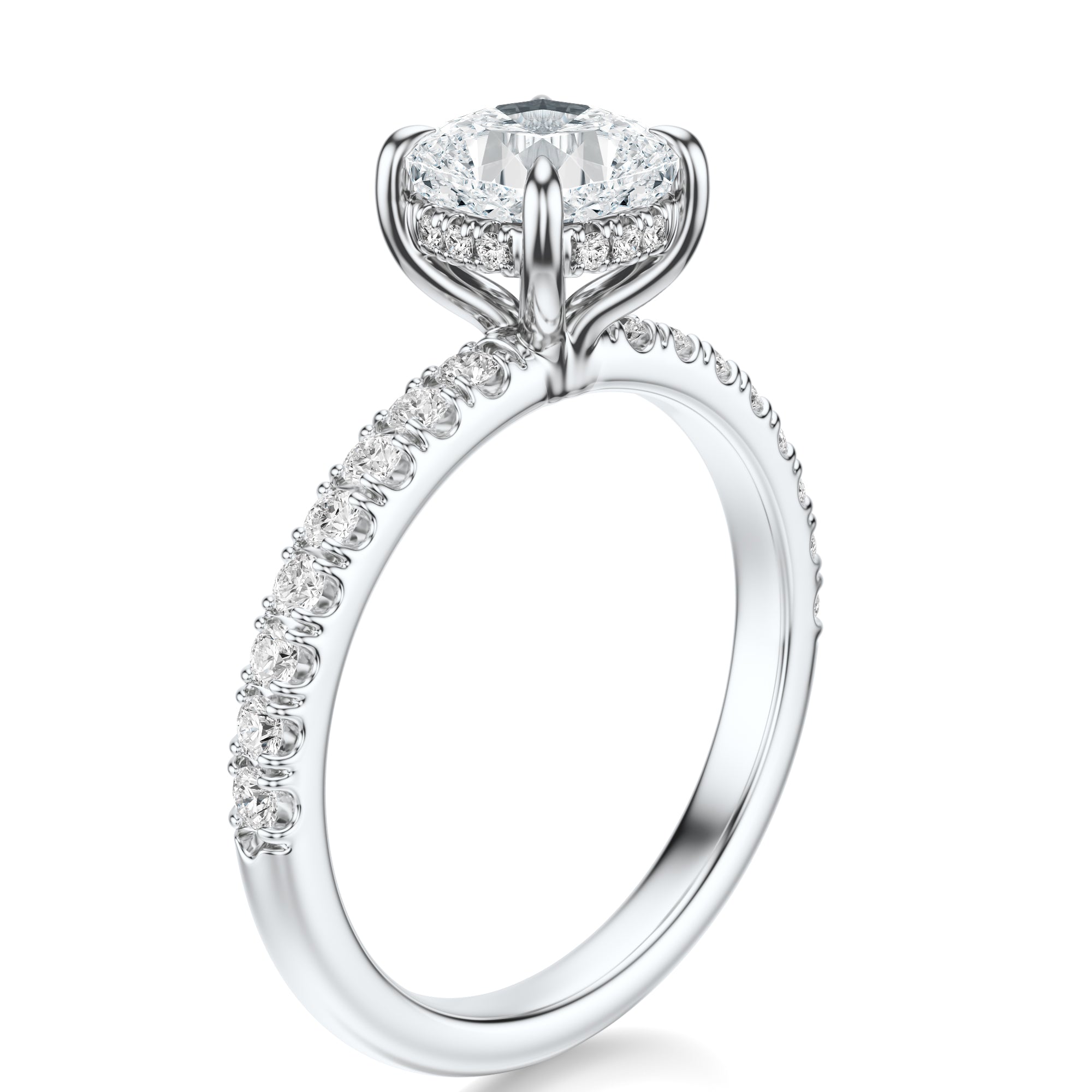 Signature Hidden Halo Cushion Engagement Ring - White Gold Pavé Band - Side View